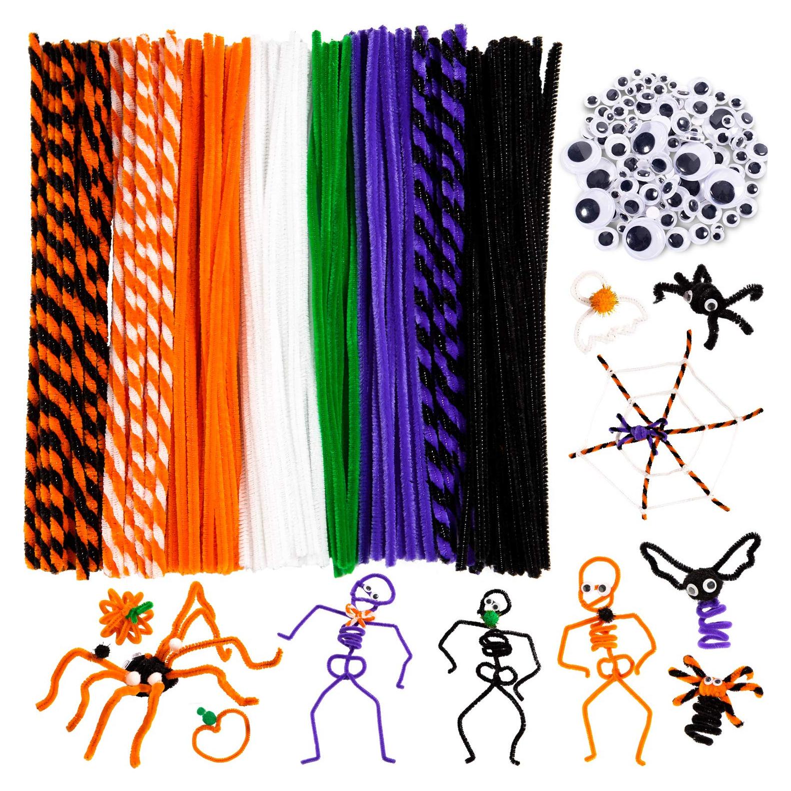 Whaline 500Pcs Halloween Pipe Cleaners Set Includes 8 Colors Chenille Stems 5 Sizes Wiggle Googly Eyes 4 Sizes Pompoms for Halloween Party DIY Art Craft Supplies (Black, Orange, White, Purple, Green)