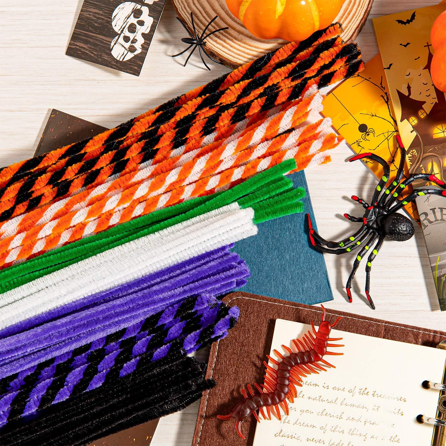 Whaline 500Pcs Halloween Pipe Cleaners Set Includes 8 Colors Chenille Stems 5 Sizes Wiggle Googly Eyes 4 Sizes Pompoms for Halloween Party DIY Art Craft Supplies (Black, Orange, White, Purple, Green)