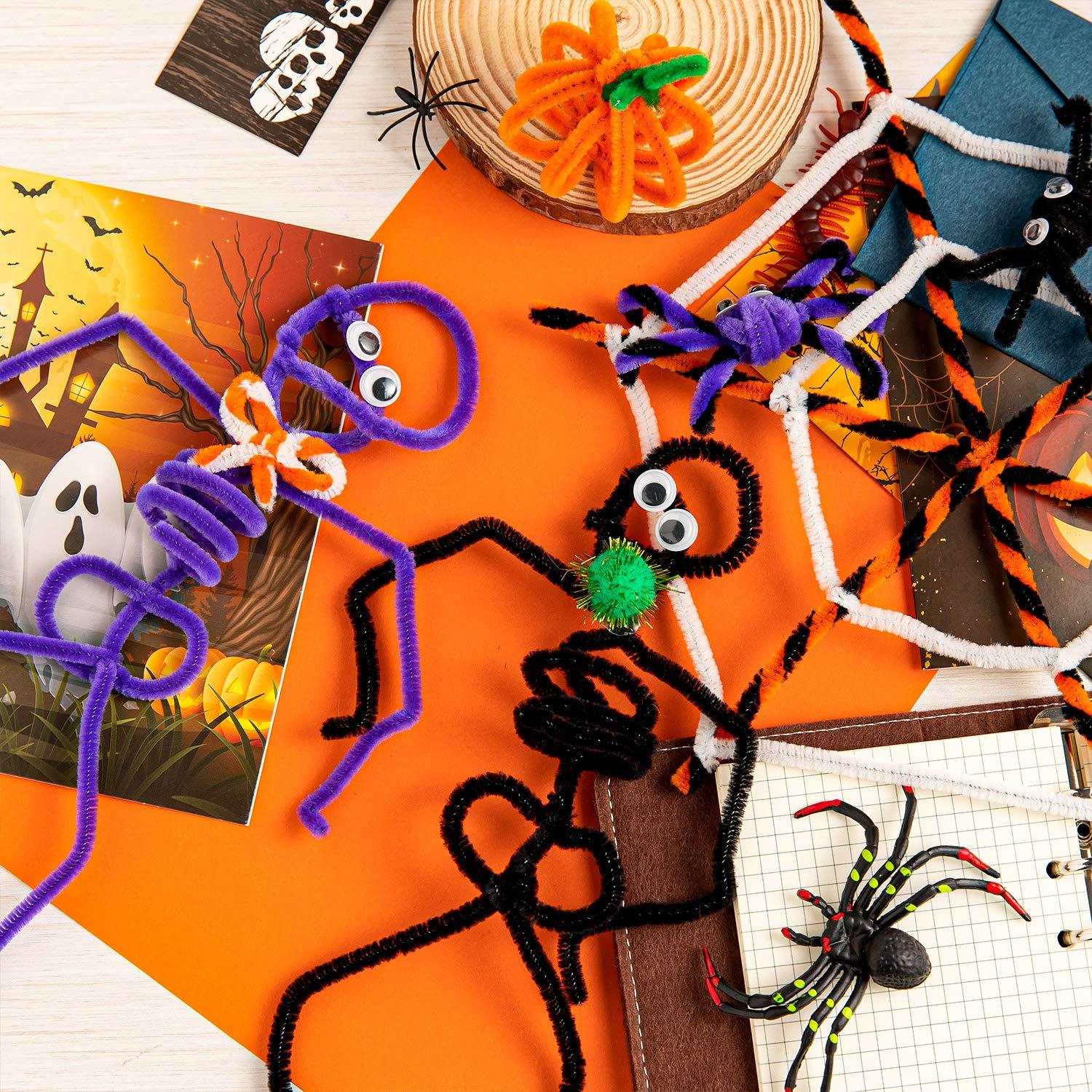 Whaline 500Pcs Halloween Pipe Cleaners Set Includes 8 Colors Chenille Stems 5 Sizes Wiggle Googly Eyes 4 Sizes Pompoms for Halloween Party DIY Art Craft Supplies (Black, Orange, White, Purple, Green)