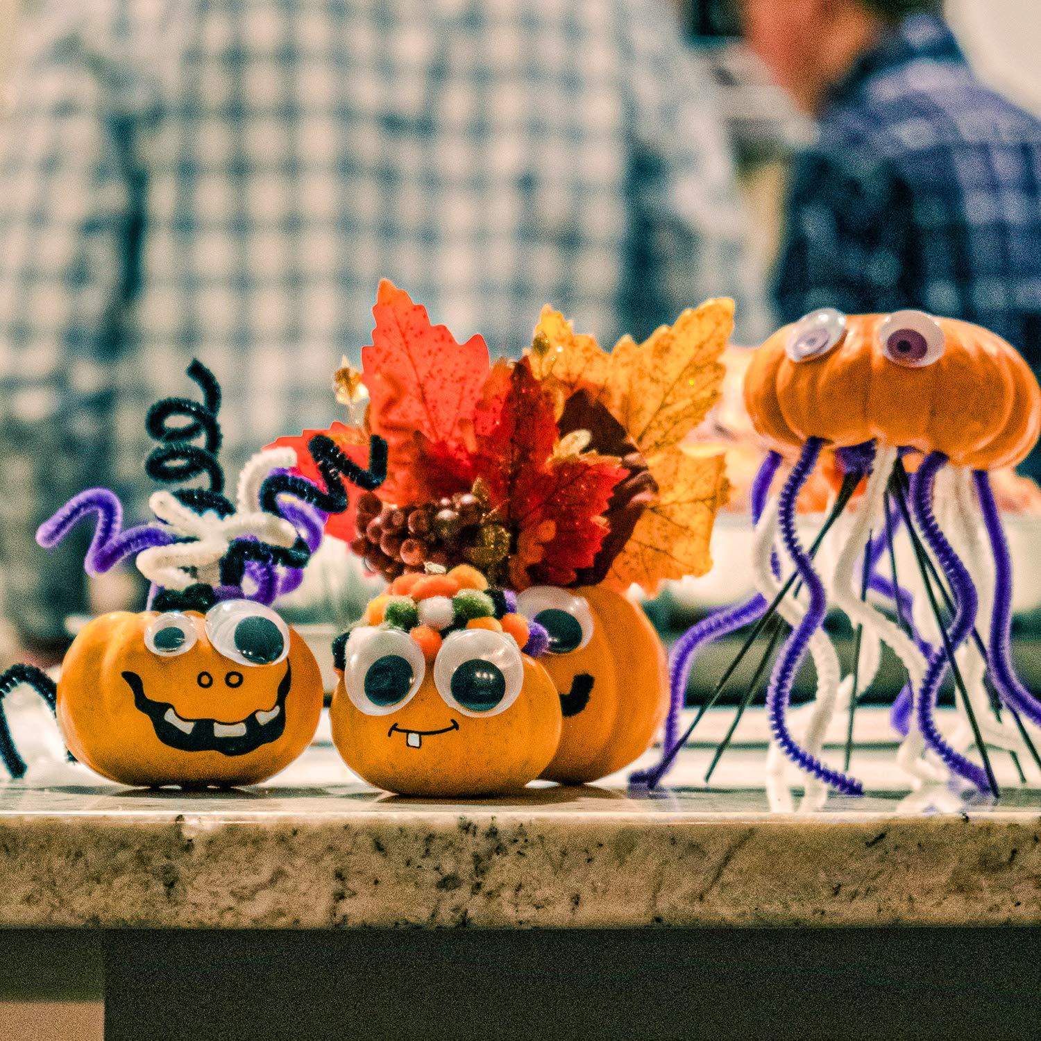 Whaline 500Pcs Halloween Pipe Cleaners Set Includes 8 Colors Chenille Stems 5 Sizes Wiggle Googly Eyes 4 Sizes Pompoms for Halloween Party DIY Art Craft Supplies (Black, Orange, White, Purple, Green)