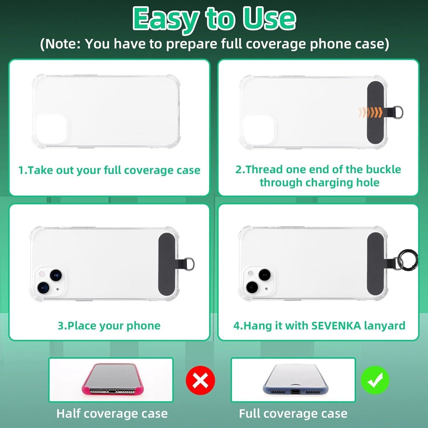 SEVENKA 6 Tabs de Sujeción para Teléfono - Lanyard Negro