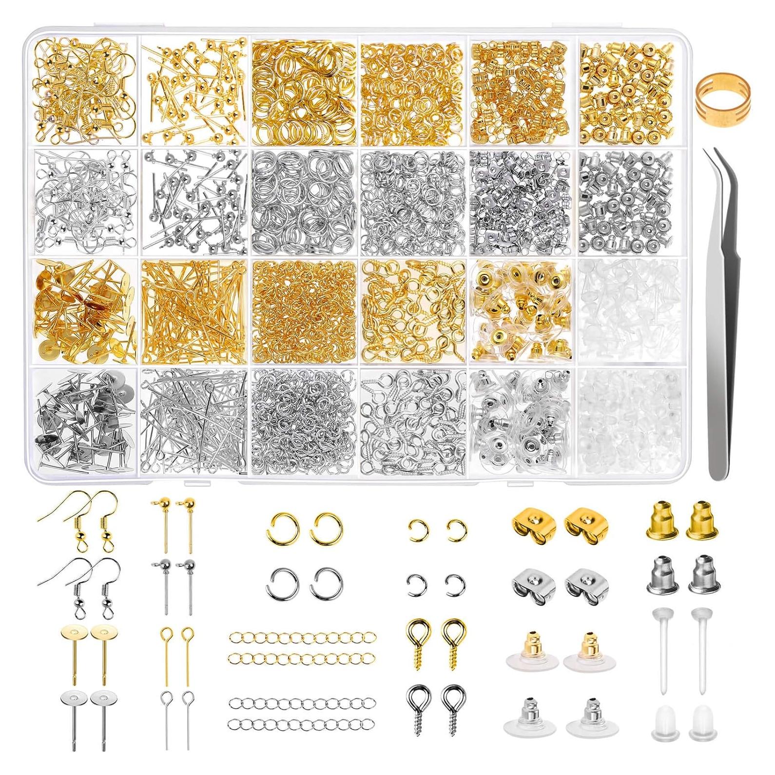 Kit de Hacer Pendientes Caffox 2900 Piezas Plata y Oro