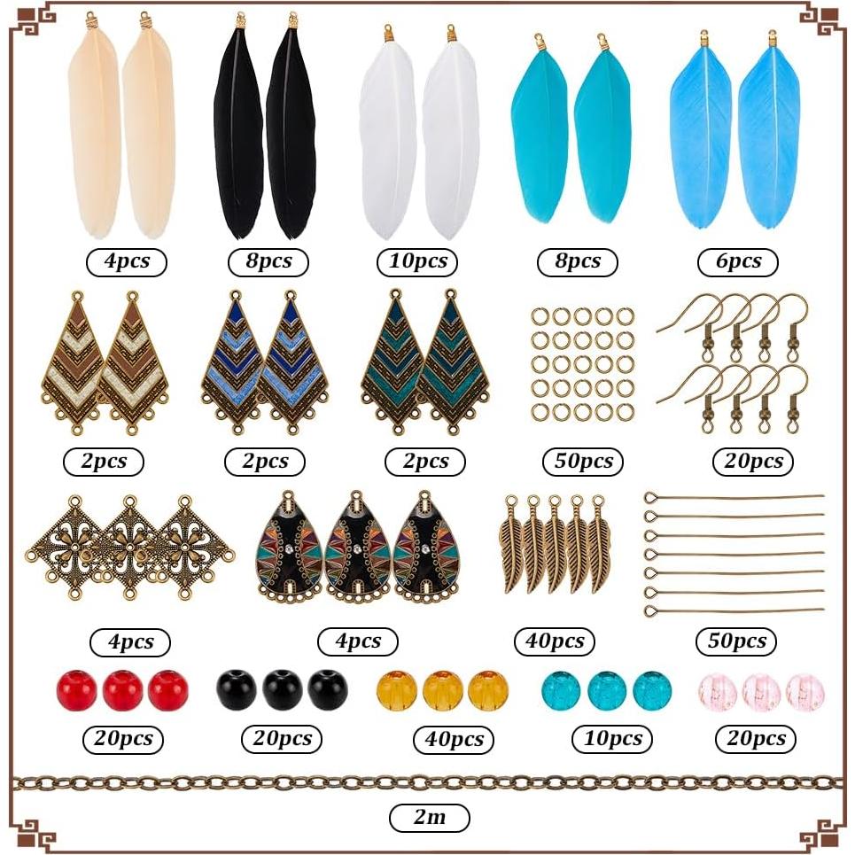 Kit de Pendientes de Plumas SUNNYCLUE - 8 Pares DIY Bohemios