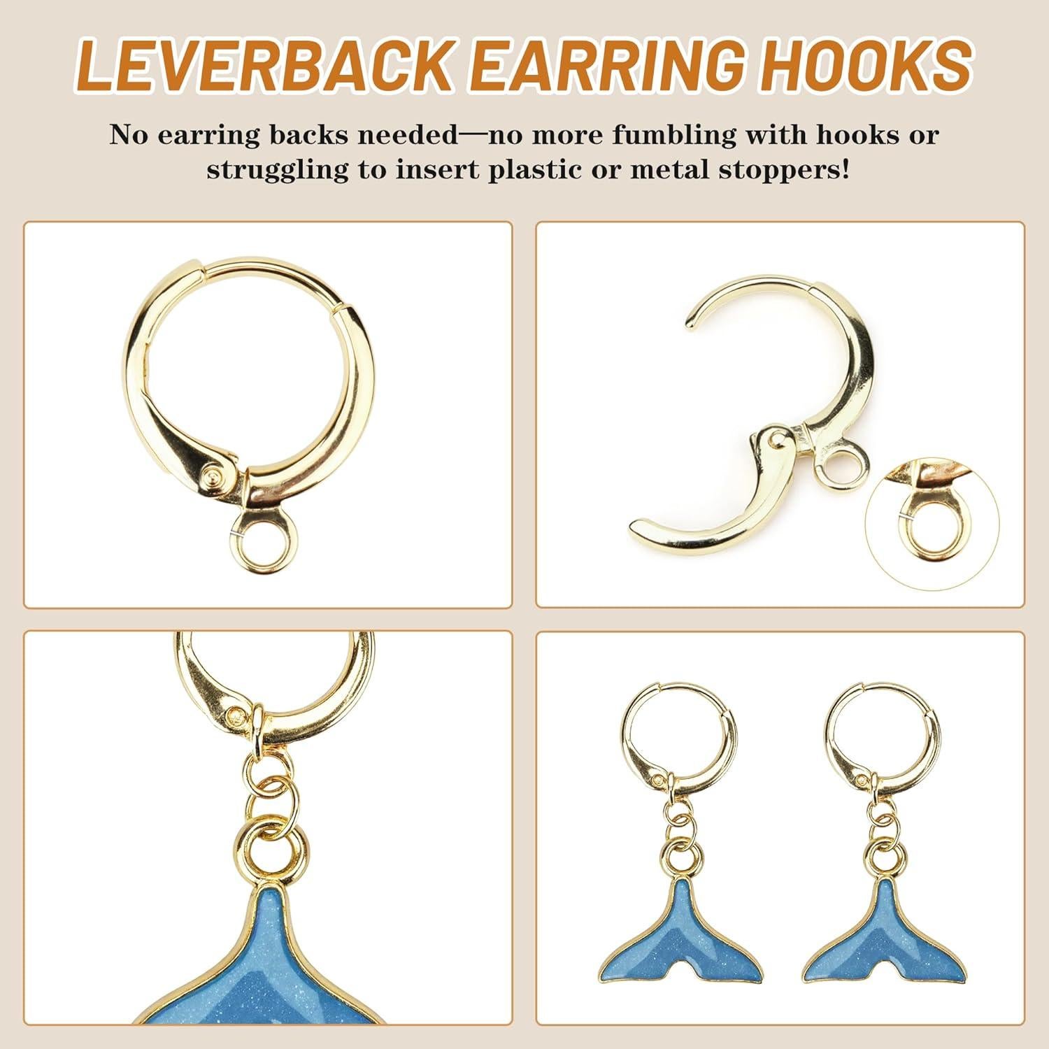 Kit 60 Ganchos de Aretes Baño de Oro 14K + 90 Anillas Hipoalergénicas