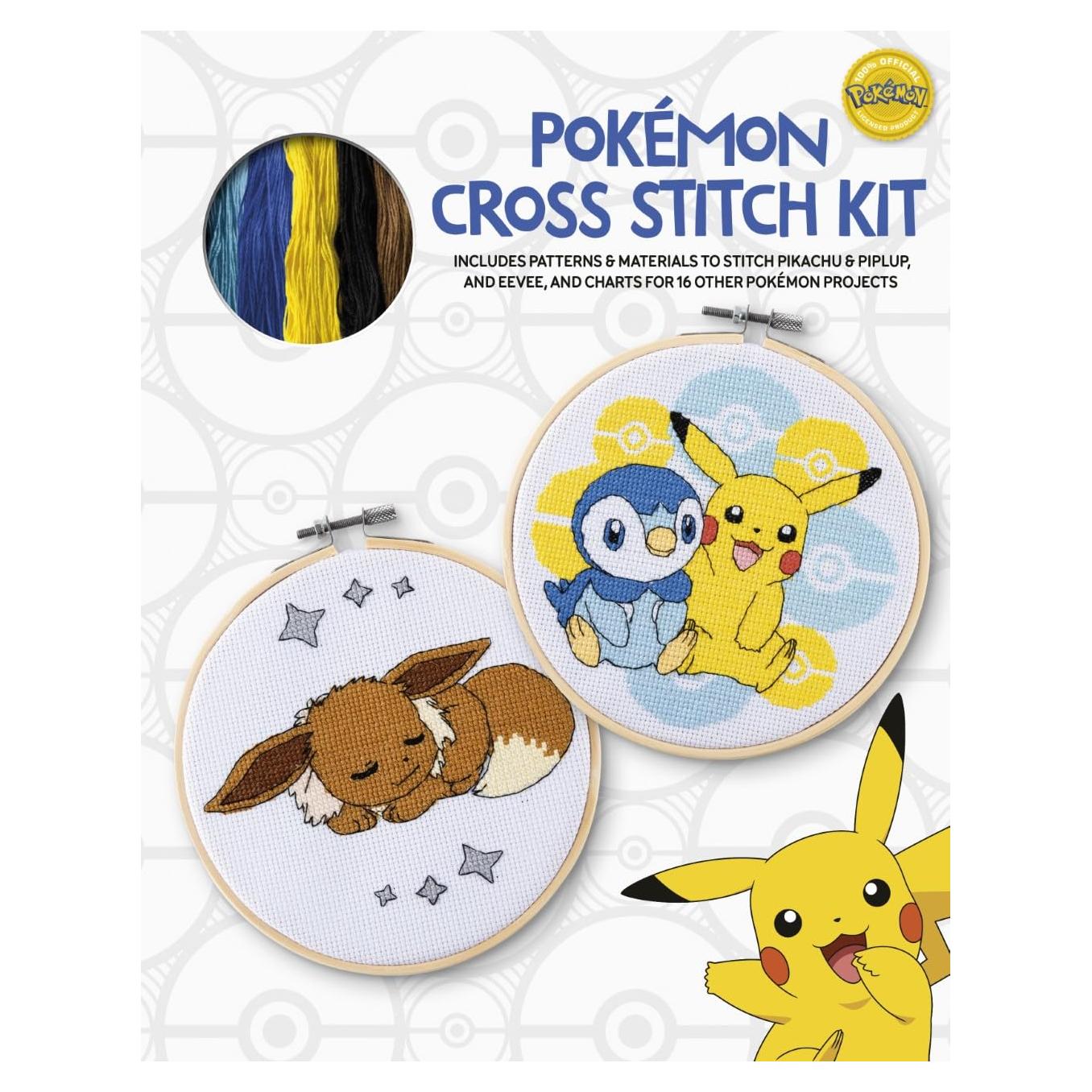 Pokémon Cross Stitch Kit: Includes patterns and materials to stitch Pikachu & Piplup, & Evee, and charts for 16 other Pokémon projects