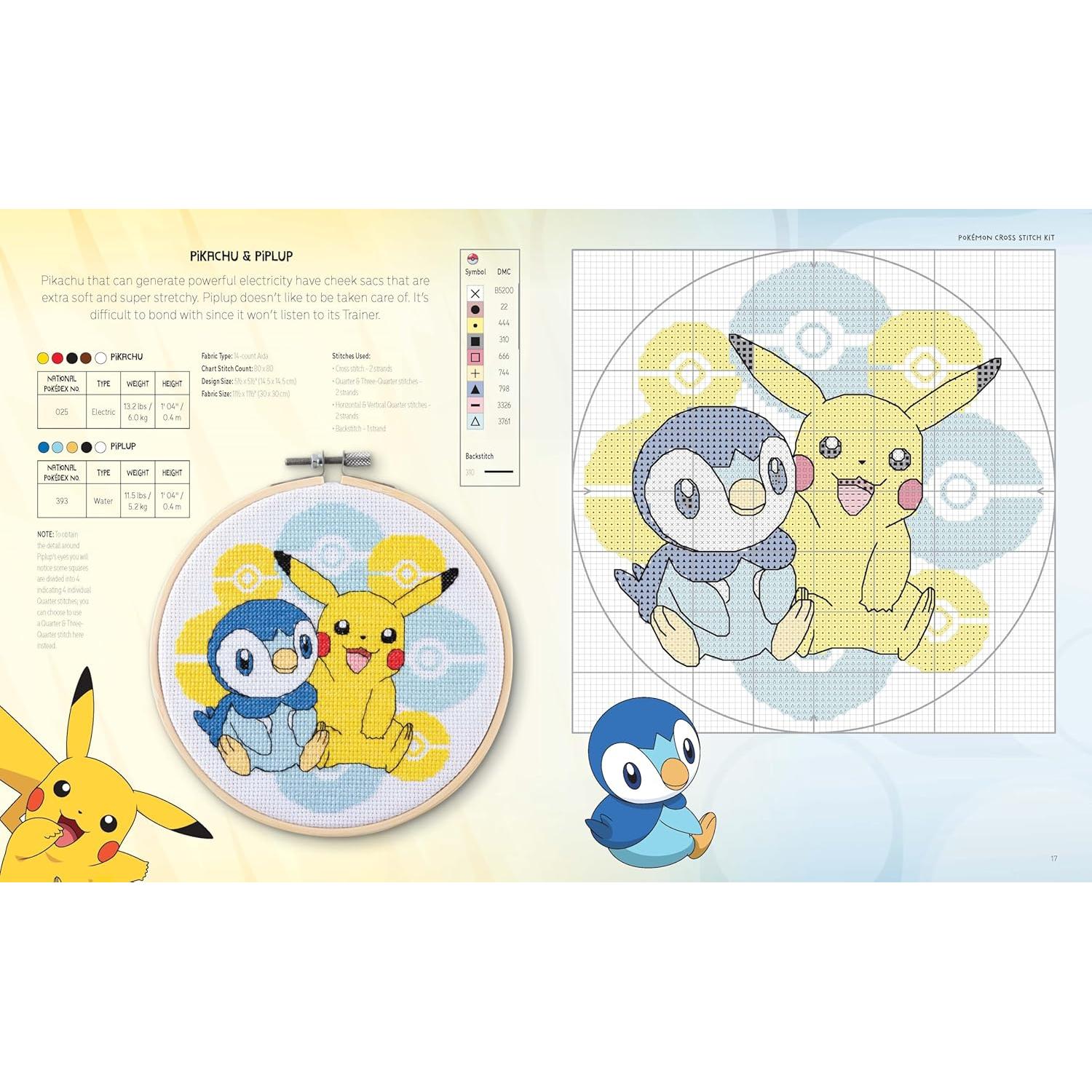 Pokémon Cross Stitch Kit: Includes patterns and materials to stitch Pikachu & Piplup, & Evee, and charts for 16 other Pokémon projects