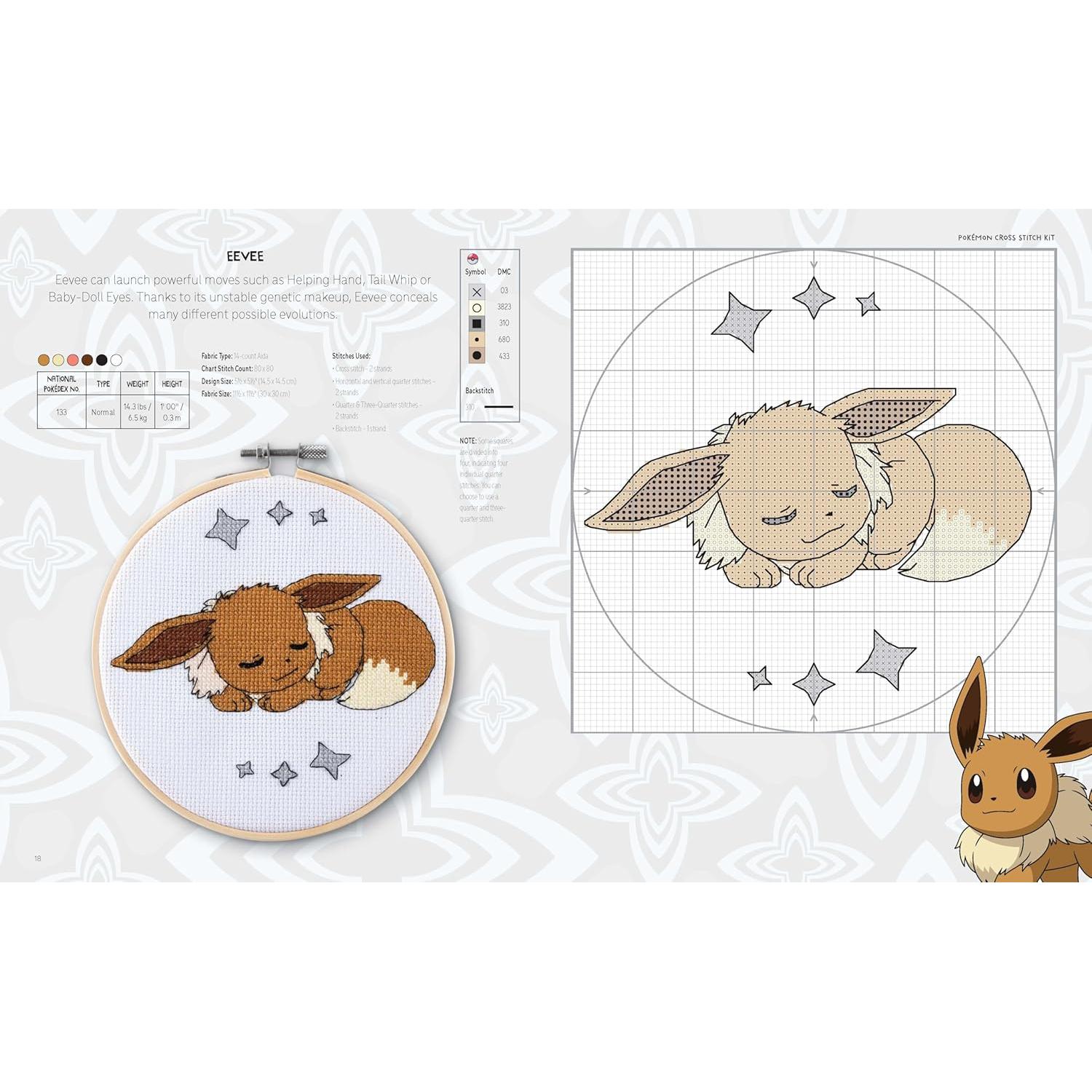 Pokémon Cross Stitch Kit: Includes patterns and materials to stitch Pikachu & Piplup, & Evee, and charts for 16 other Pokémon projects