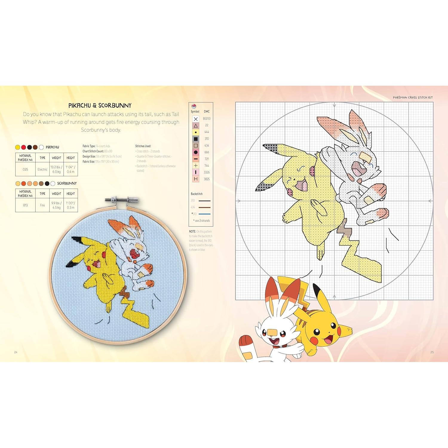 Pokémon Cross Stitch Kit: Includes patterns and materials to stitch Pikachu & Piplup, & Evee, and charts for 16 other Pokémon projects