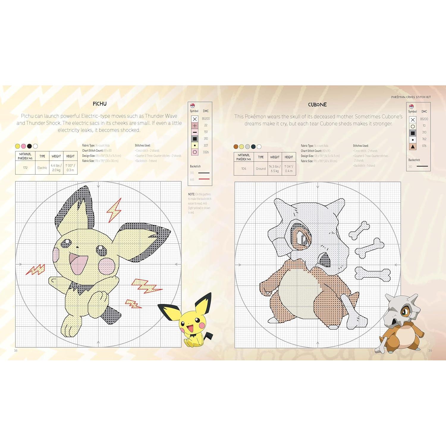 Pokémon Cross Stitch Kit: Includes patterns and materials to stitch Pikachu & Piplup, & Evee, and charts for 16 other Pokémon projects
