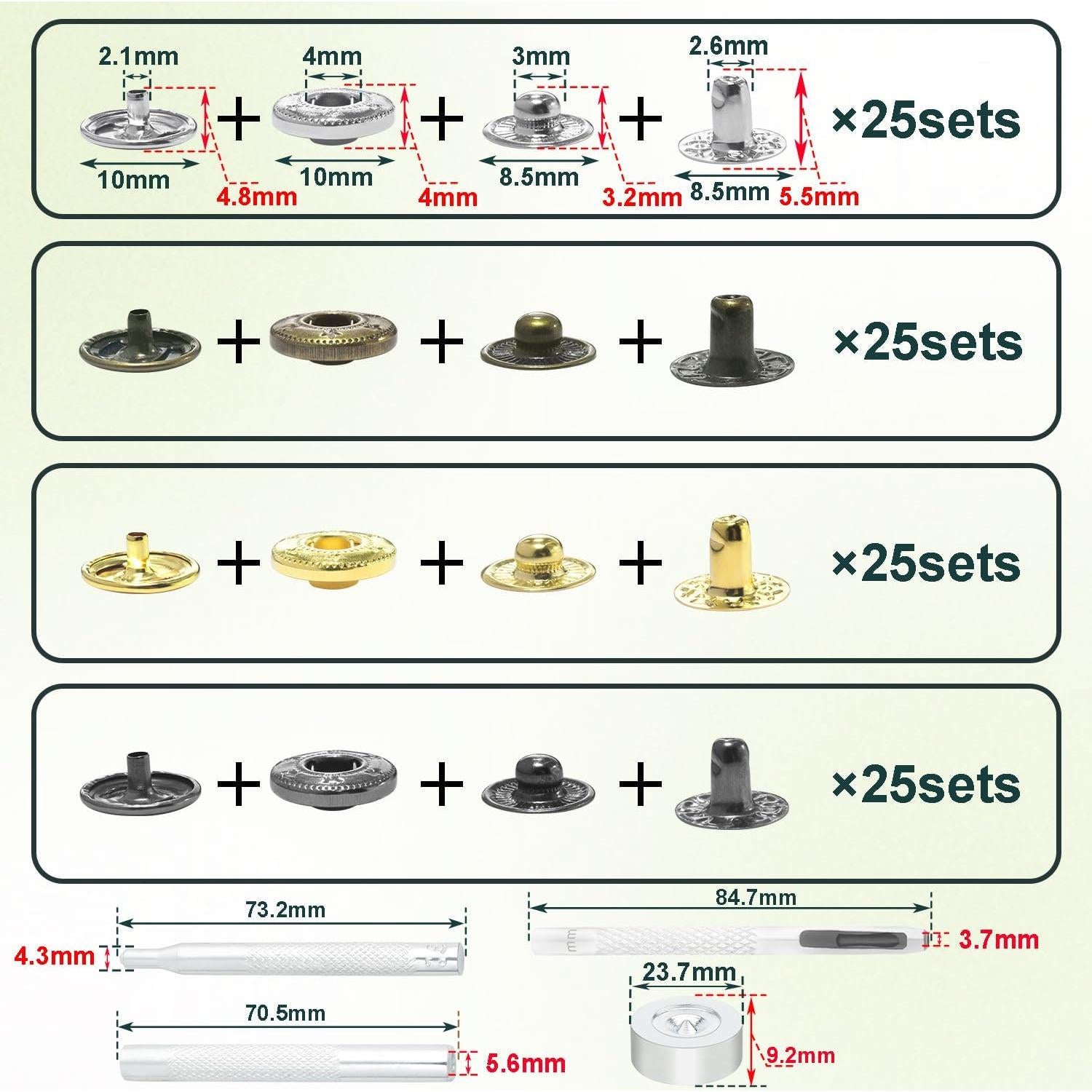 Kit de Botones a Presión ManTangSun 100 Juegos 10mm Metal