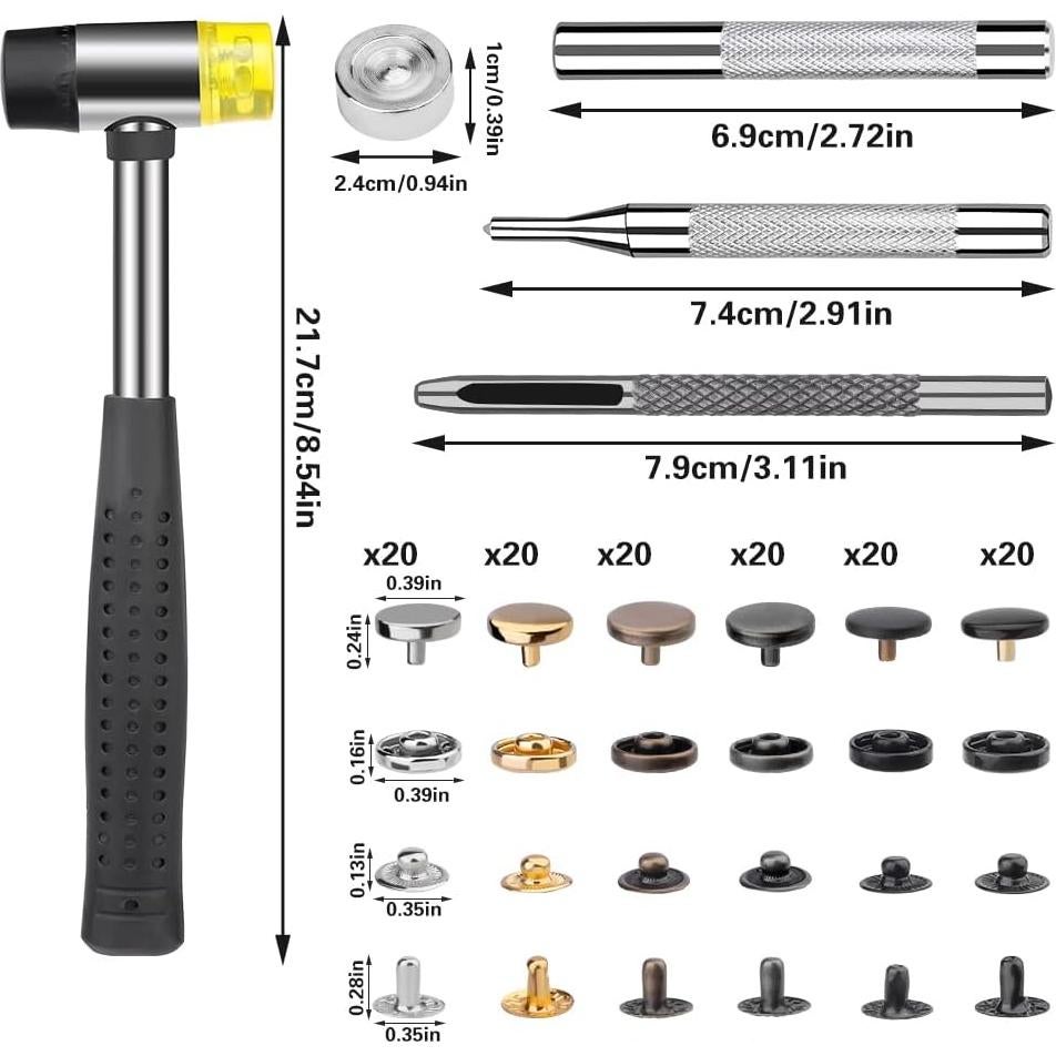 Kit de 120 Botones a Presión TLKKUE 10mm con Martillo y Herramientas