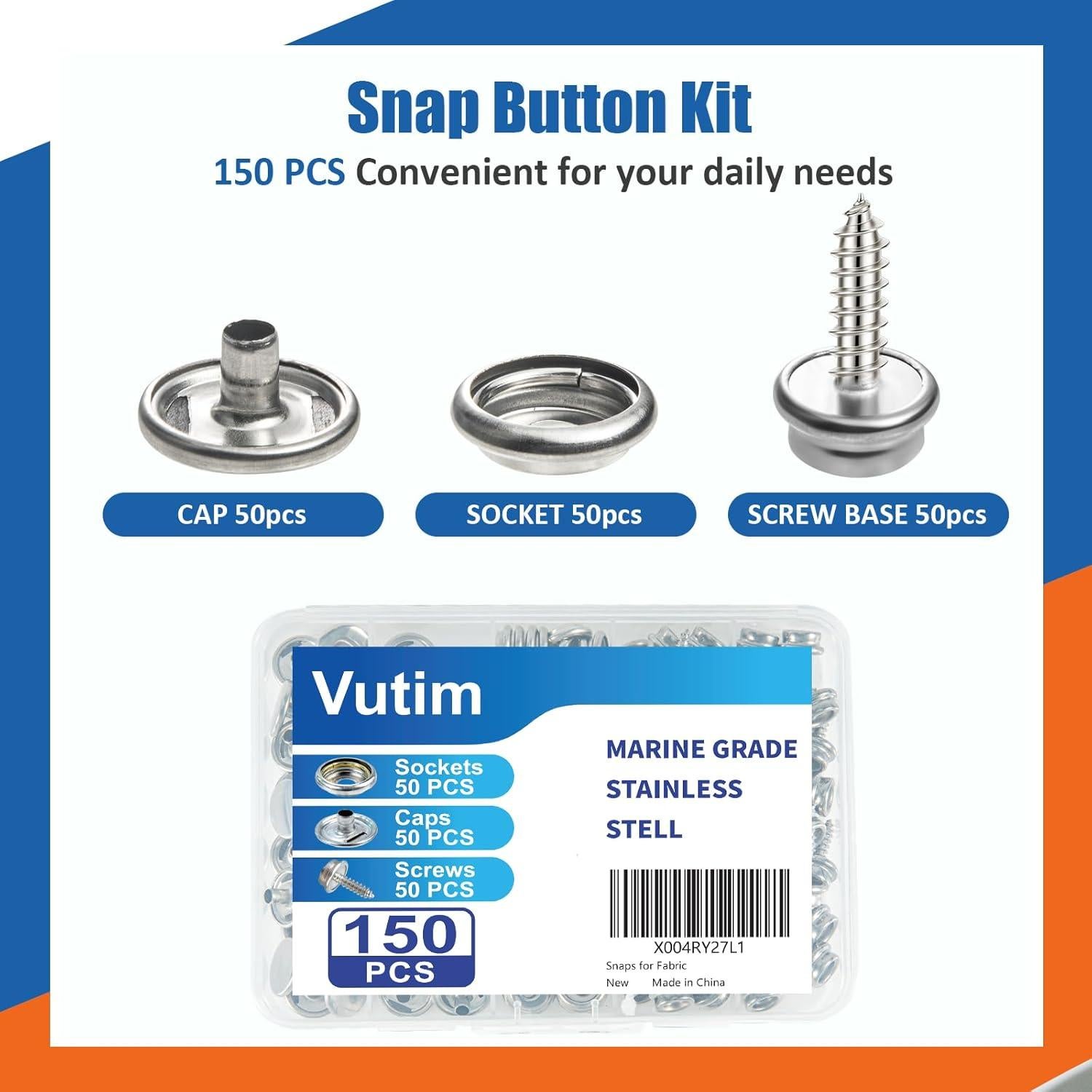 Juego de Botones de Lona Vutim 150 PCS Acero Inoxidable 0.95 cm