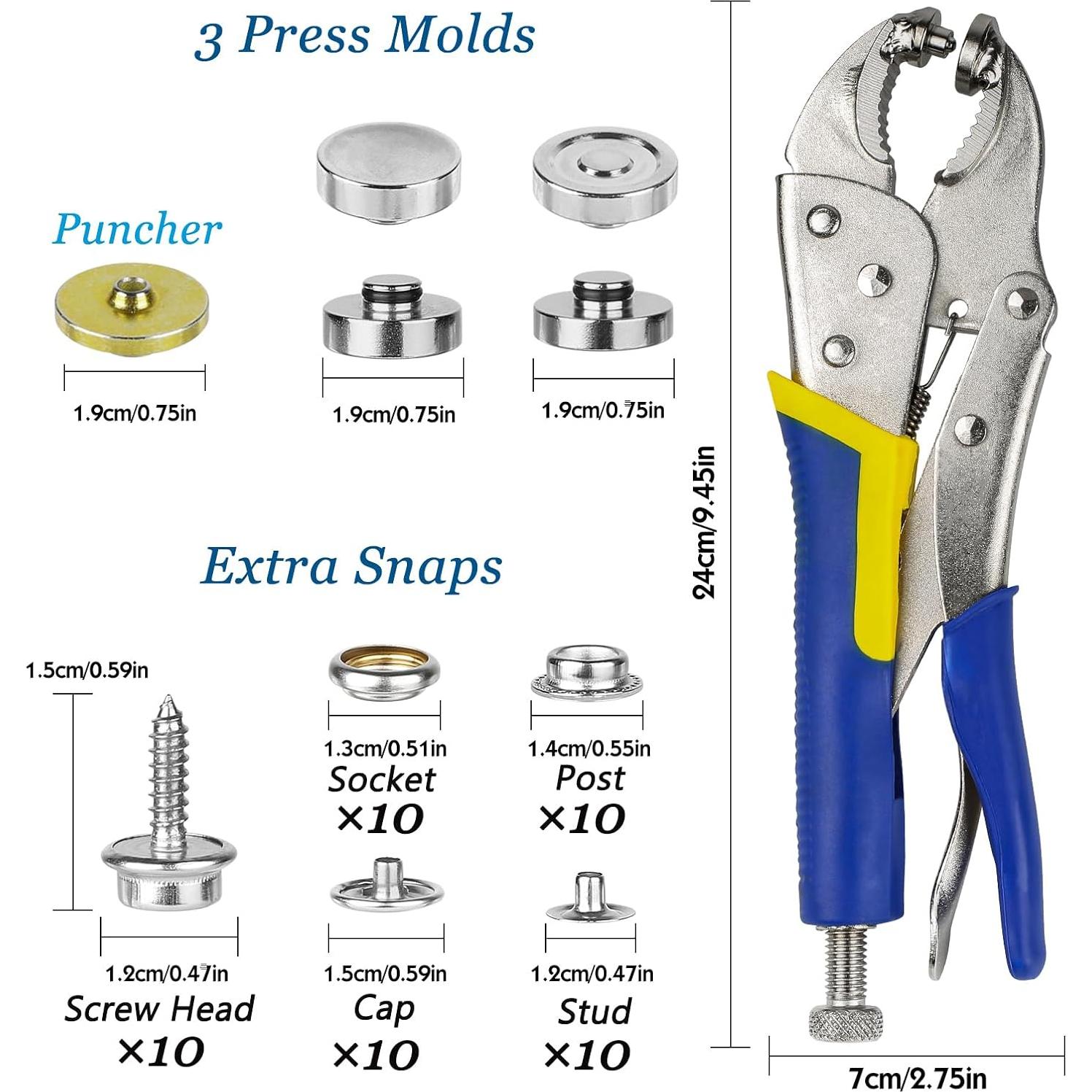 Kit de Herramienta de Botón a Presión YZS - 3 Troqueles + 10 Botones 15mm