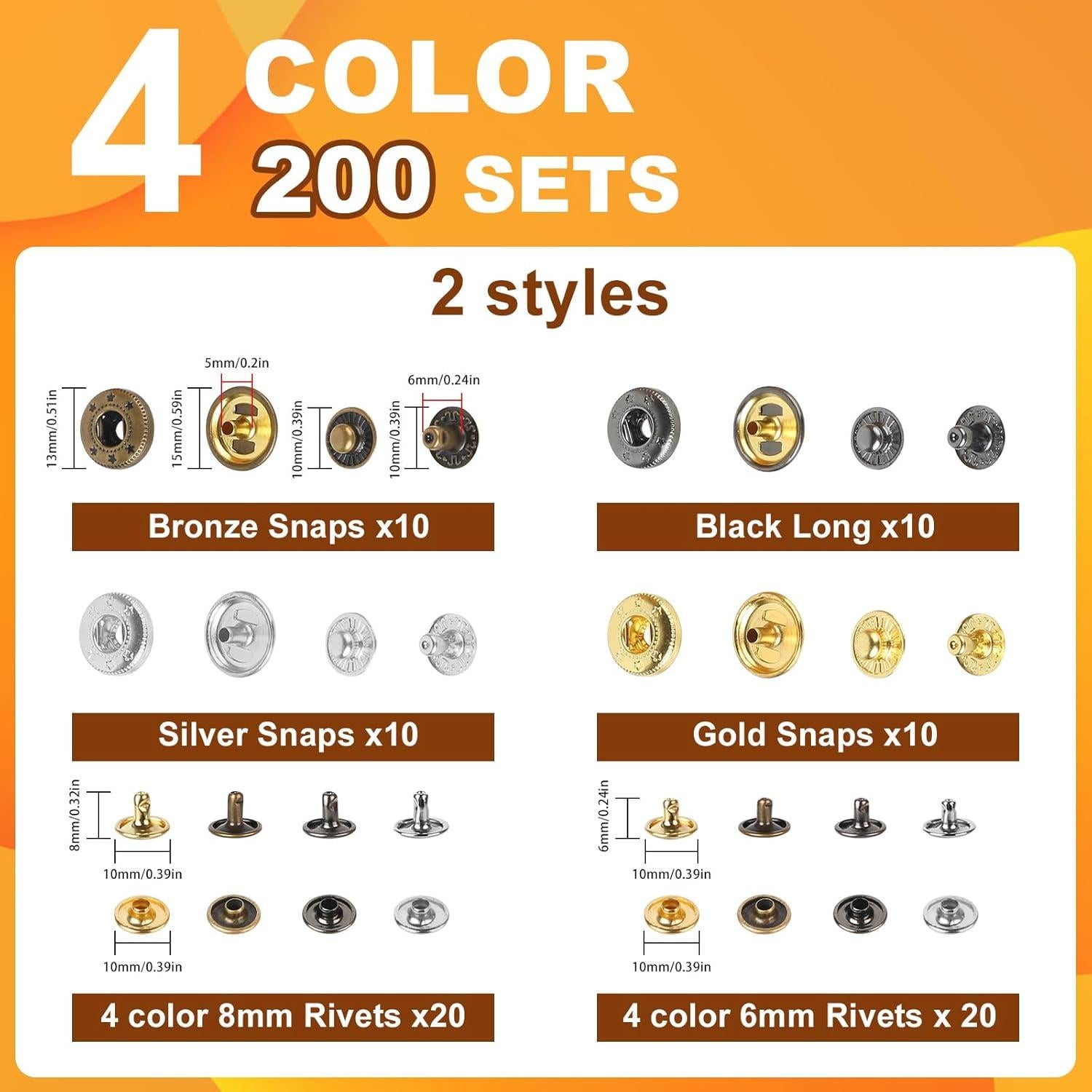 Kit de Botones a Presión y Remaches de Cuero Y-zuisoumt - 200 Conjuntos