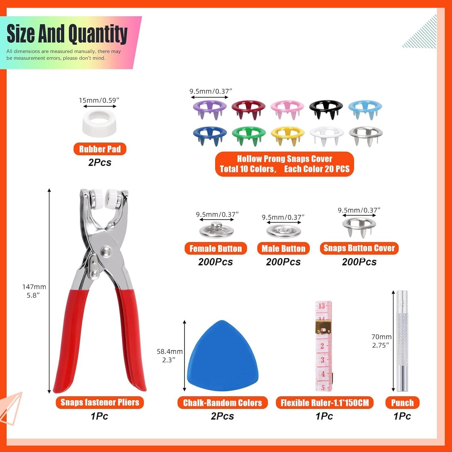 Kit de Botones a Presión Tanstic 807Pcs 9.5mm 10 Colores