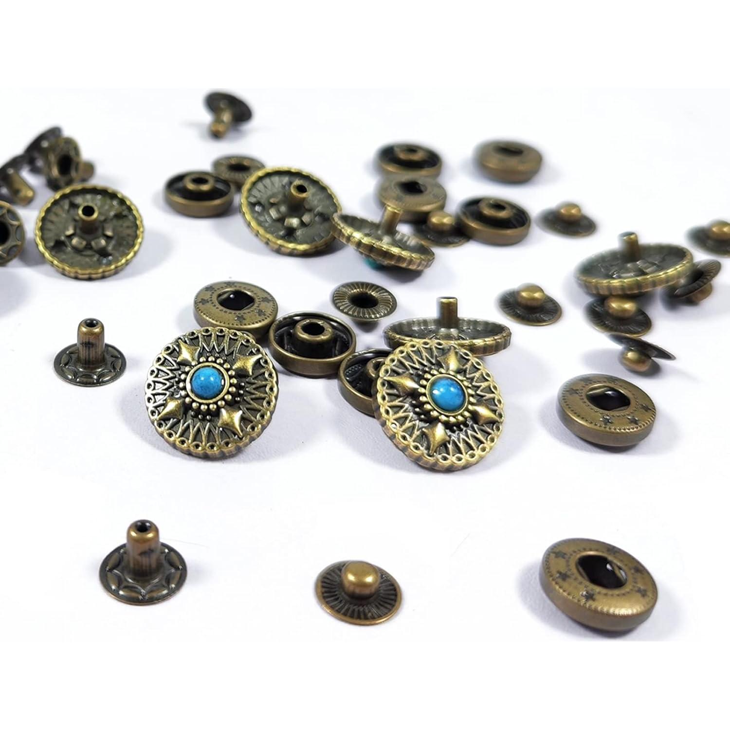 10 Juegos de Botones a Presión Wetufin 17mm Bronce Turquesa