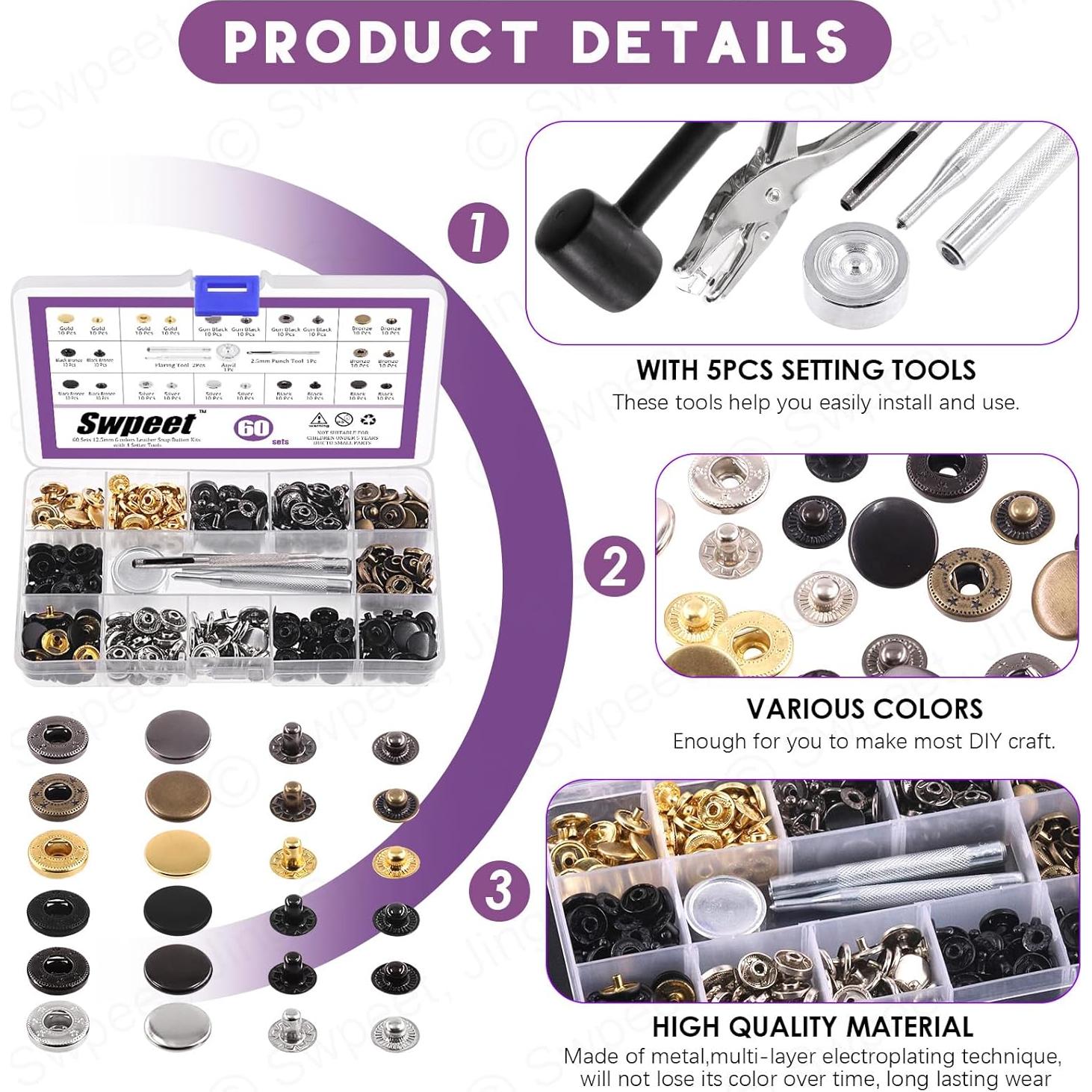 Kit de Sujetadores de Botón de Cuero Swpeet 60 Conjuntos 12.5mm