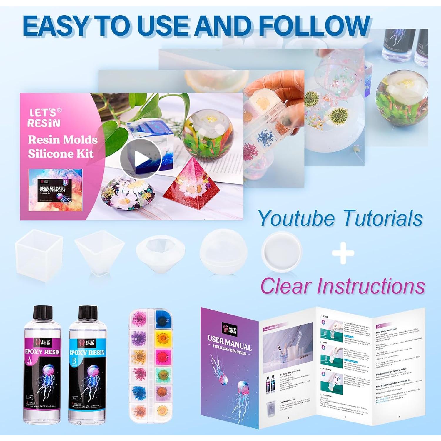 Kit de Resina Epoxy Completo LET'S RESIN 16oz con Moldes y Flores