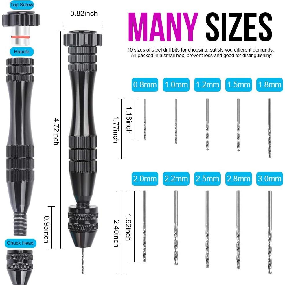Taladro Manual LEOBRO 12 cm con 10 Brocas de Acero 0.8-3 mm