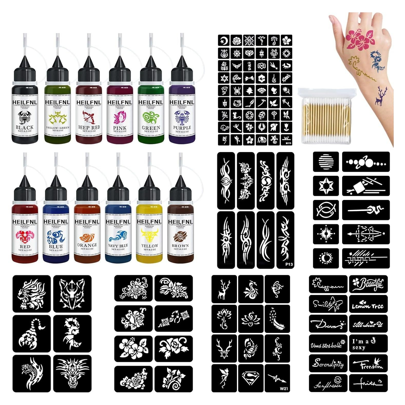 Kit de Tatuajes Temporales HEILFNL - 12 Colores y 120 Plantillas