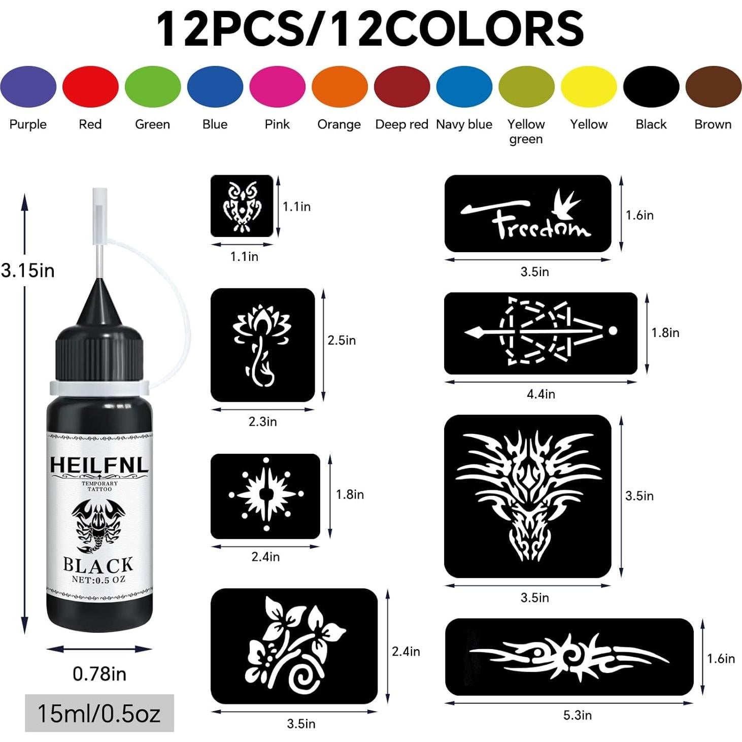 Kit de Tatuajes Temporales HEILFNL - 12 Colores y 120 Plantillas