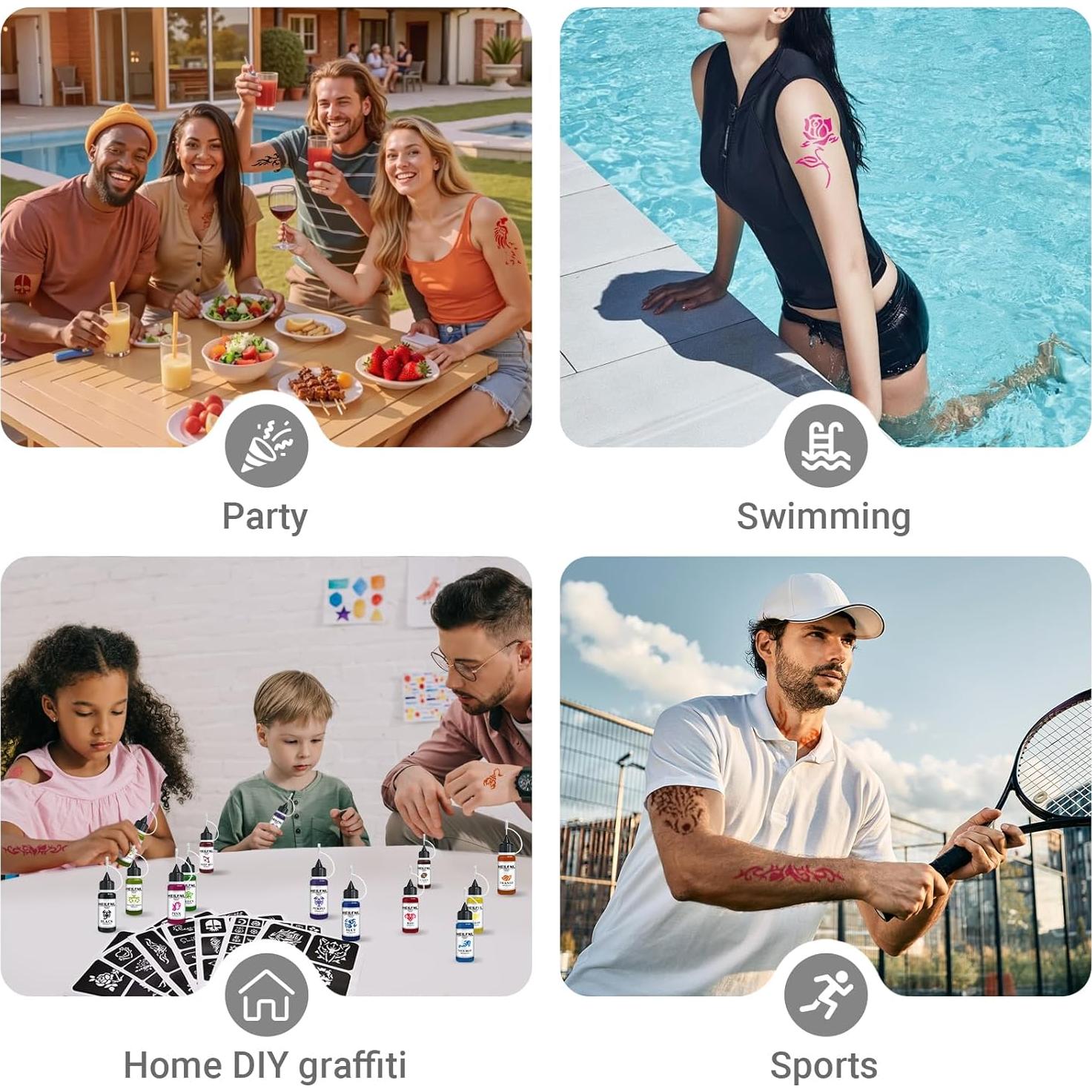 Kit de Tatuajes Temporales HEILFNL - 12 Colores y 120 Plantillas