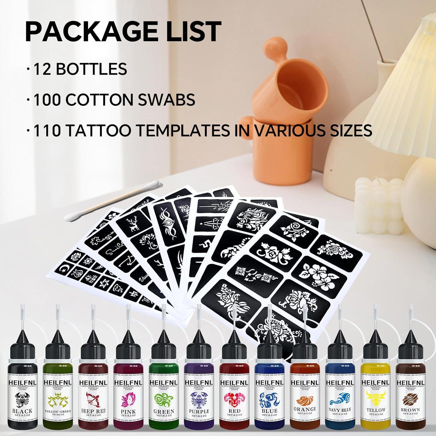 Kit de Tatuajes Temporales HEILFNL - 12 Colores y 120 Plantillas