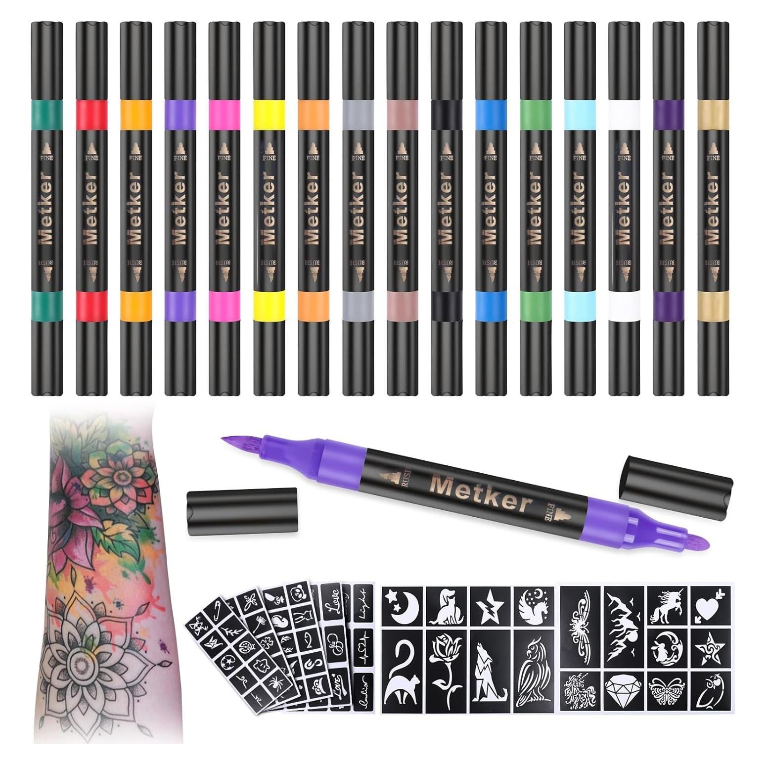 Marcadores de Tatuajes Temporales Metker 16 Colores + 77 Plantillas