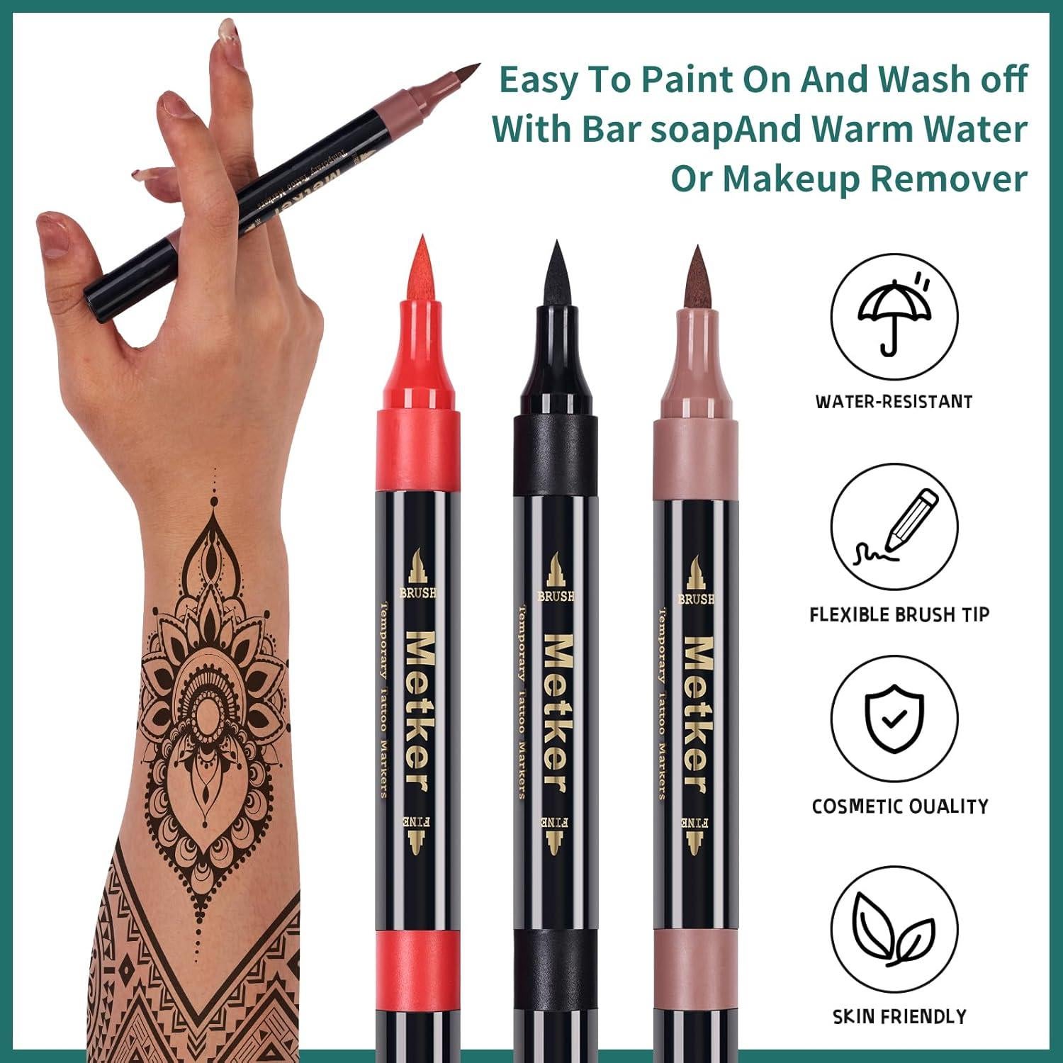 Marcadores de Tatuajes Temporales Metker 16 Colores + 77 Plantillas