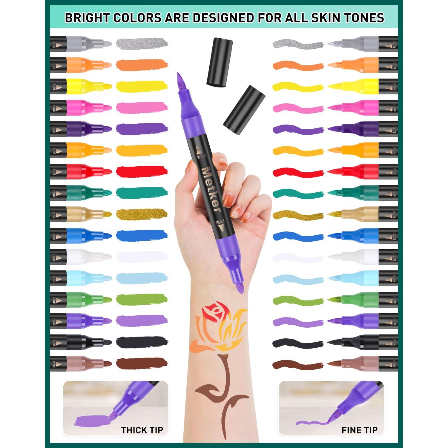 Marcadores de Tatuajes Temporales Metker 16 Colores + 77 Plantillas