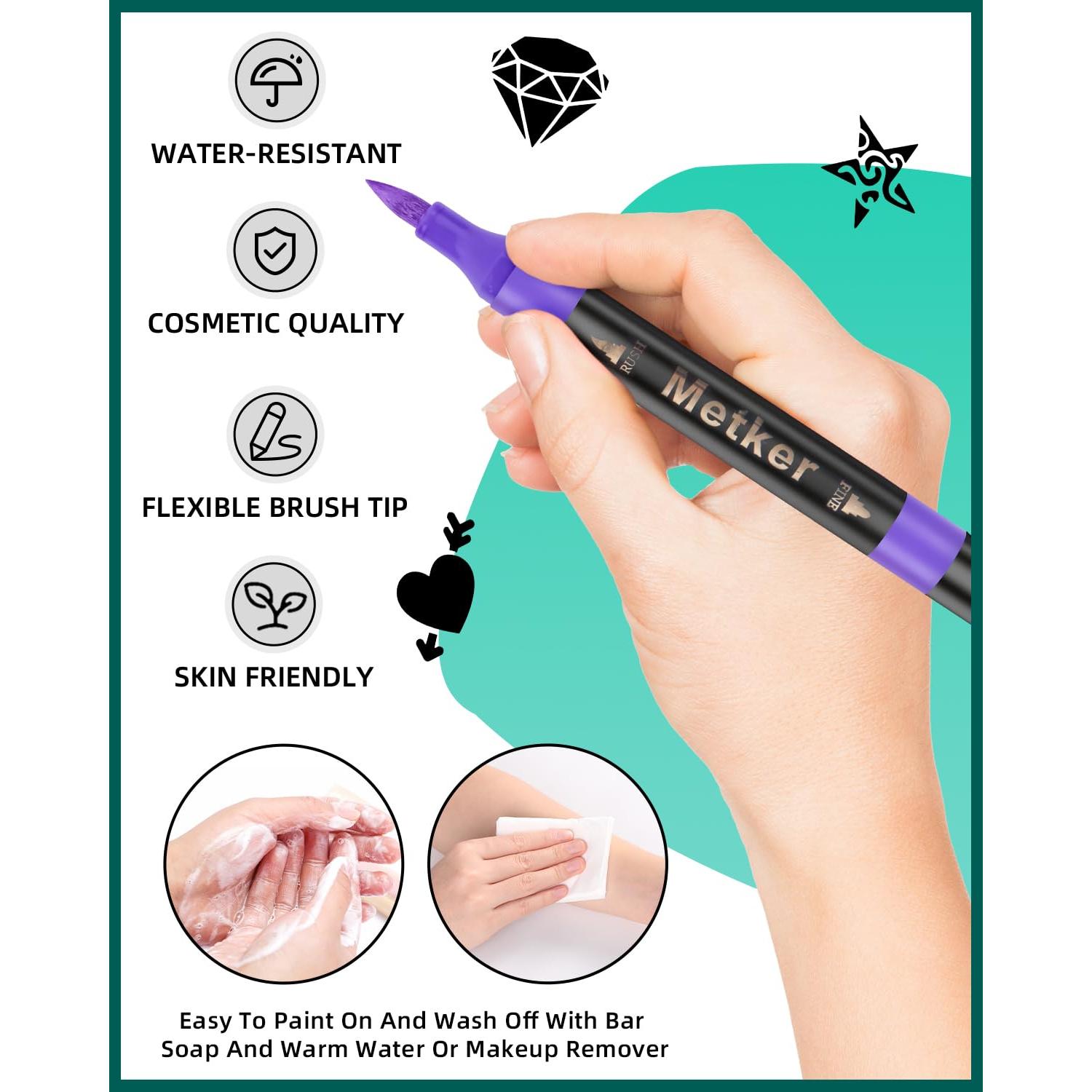 Marcadores de Tatuajes Temporales Metker 16 Colores + 77 Plantillas