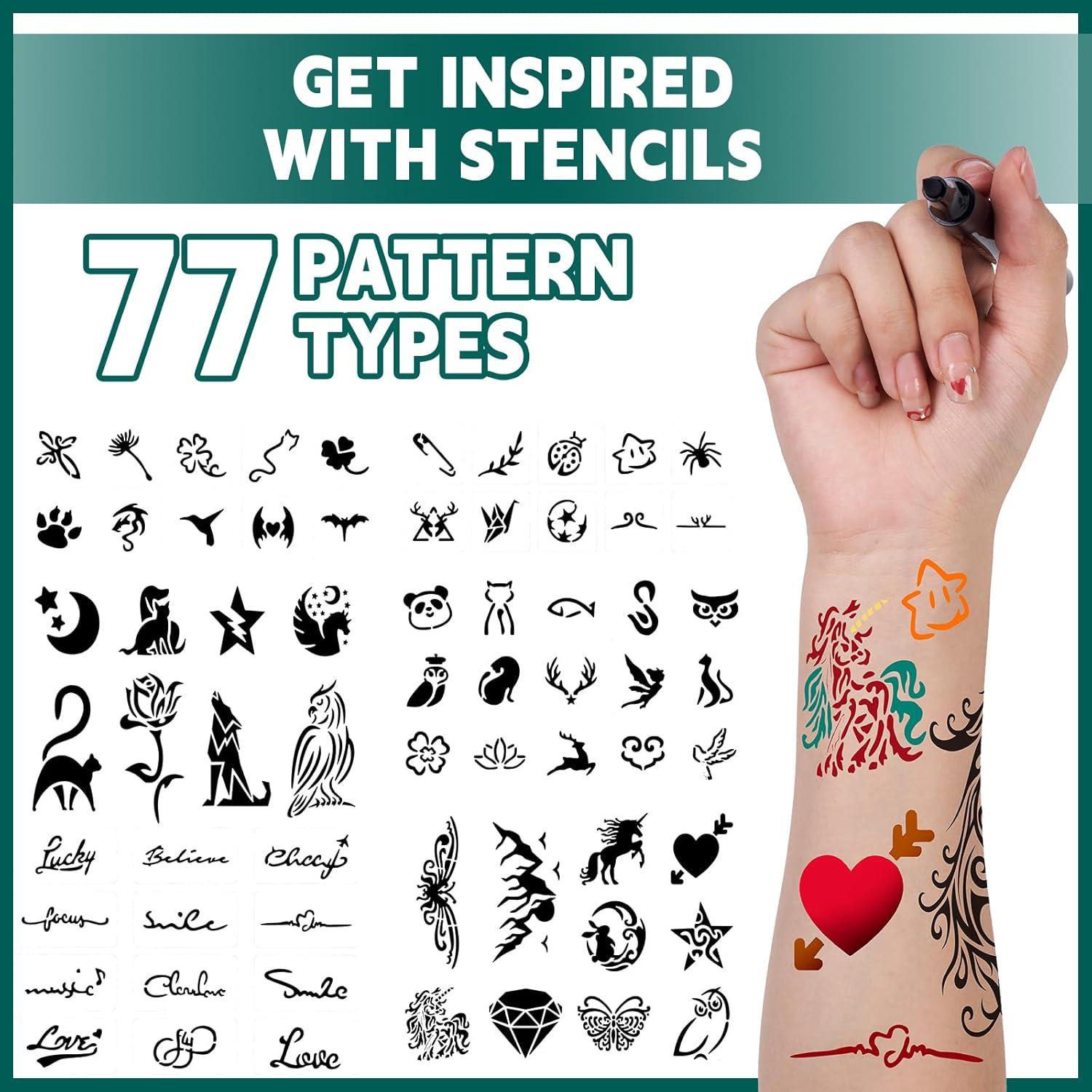 Marcadores de Tatuajes Temporales Metker 16 Colores + 77 Plantillas