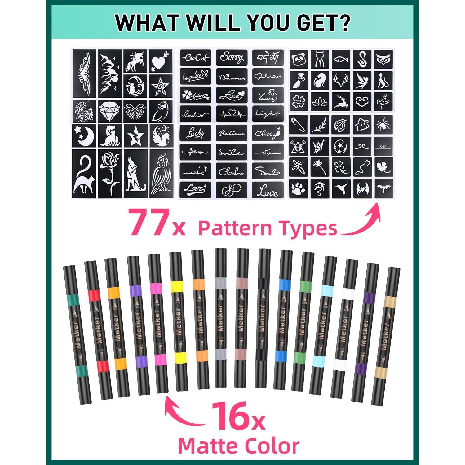 Marcadores de Tatuajes Temporales Metker 16 Colores + 77 Plantillas