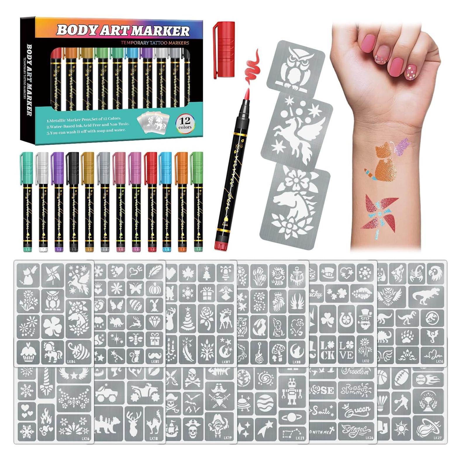 Kit de Marcadores de Tatuajes Temporales Metálicos - 12 Colores + 169 Plantillas