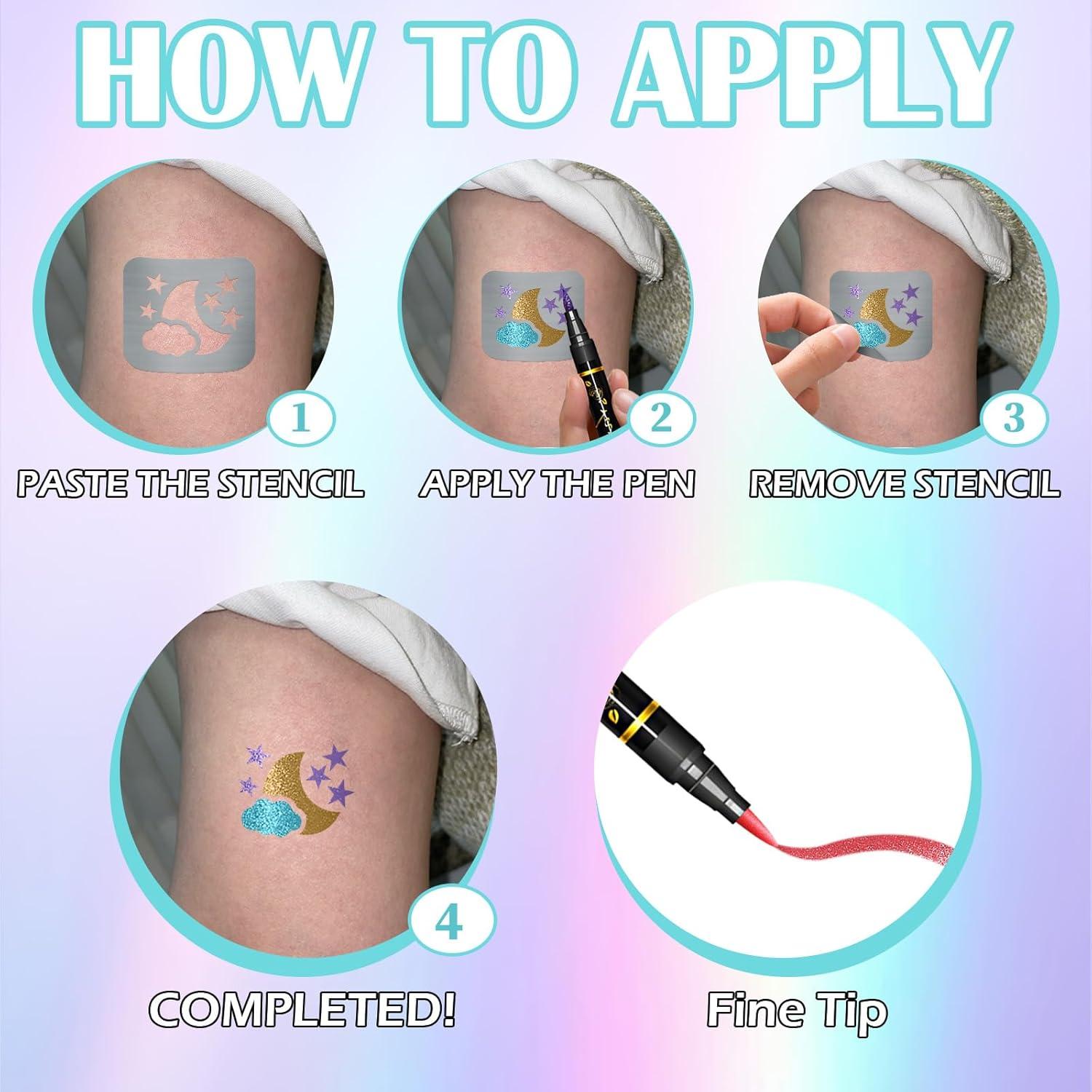 Kit de Marcadores de Tatuajes Temporales Metálicos - 12 Colores + 169 Plantillas