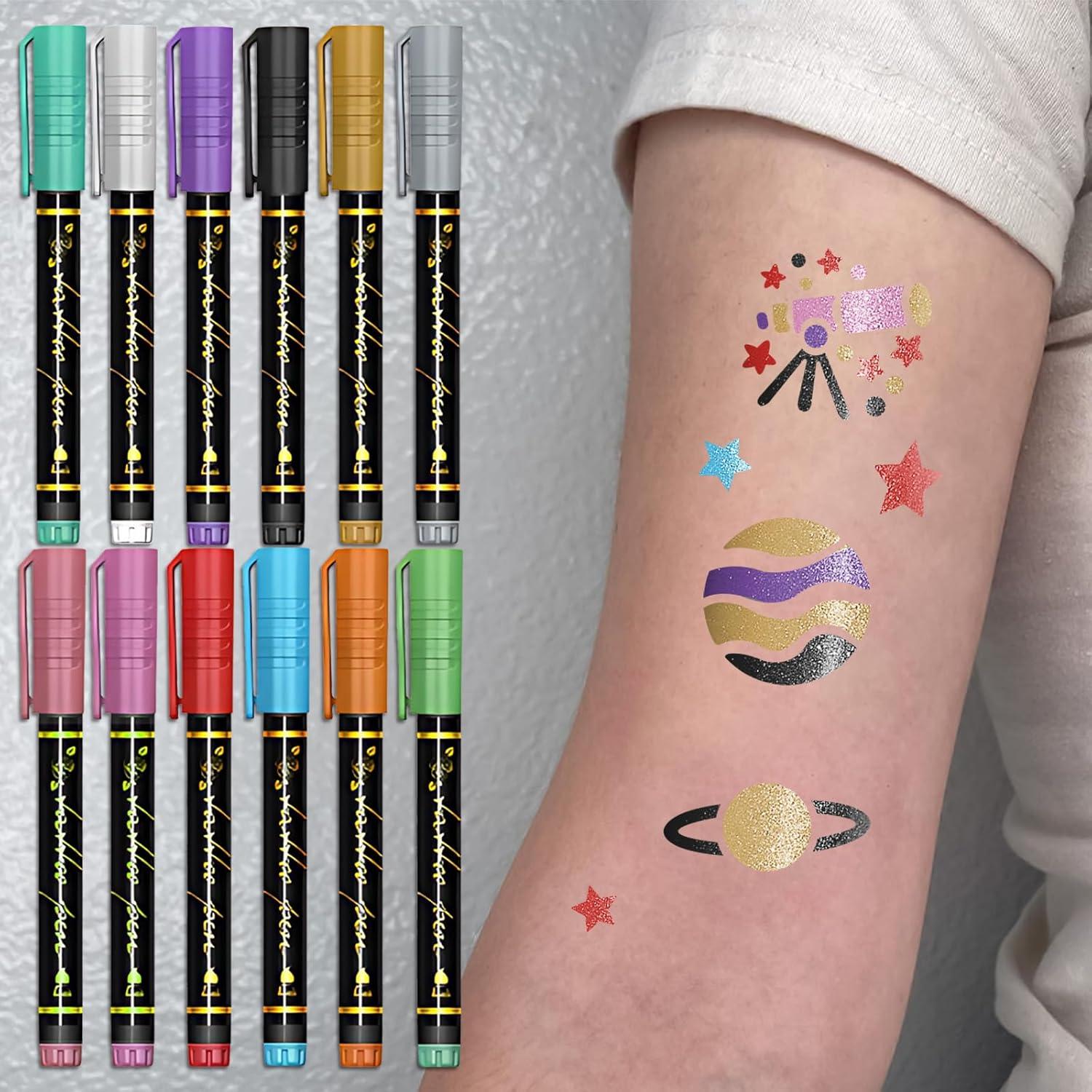 Kit de Marcadores de Tatuajes Temporales Metálicos - 12 Colores + 169 Plantillas
