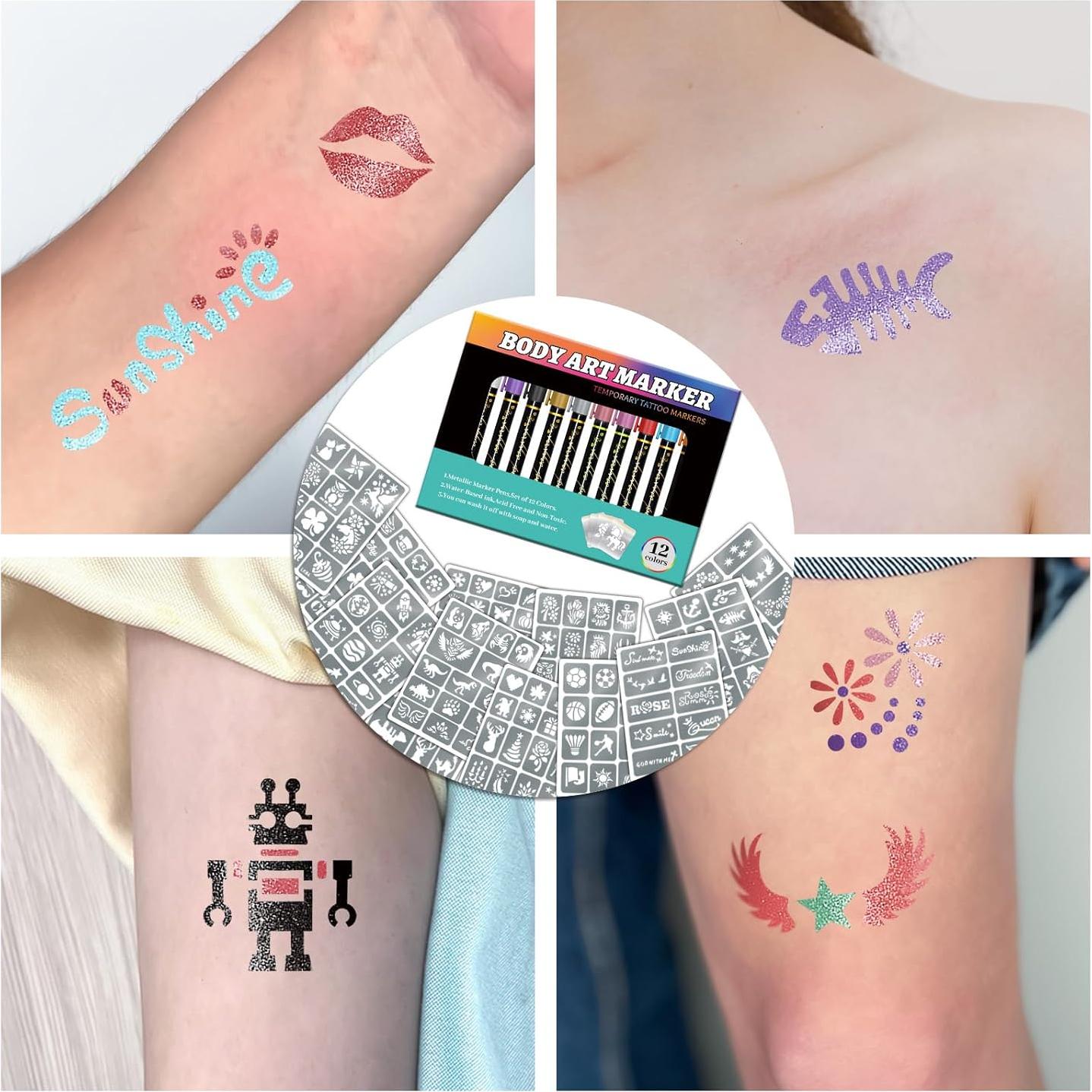 Kit de Marcadores de Tatuajes Temporales Metálicos - 12 Colores + 169 Plantillas