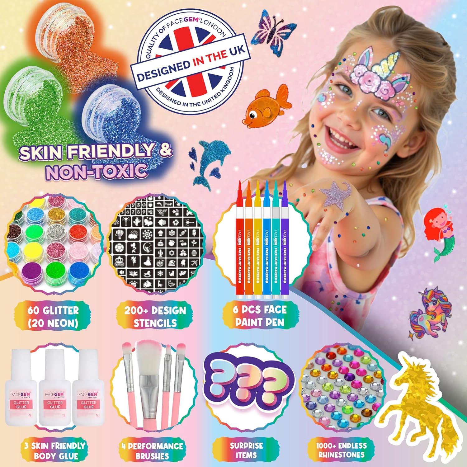 Kit de Tatuajes de Brillo 60 Colores FACEGEM - 200 Plantillas