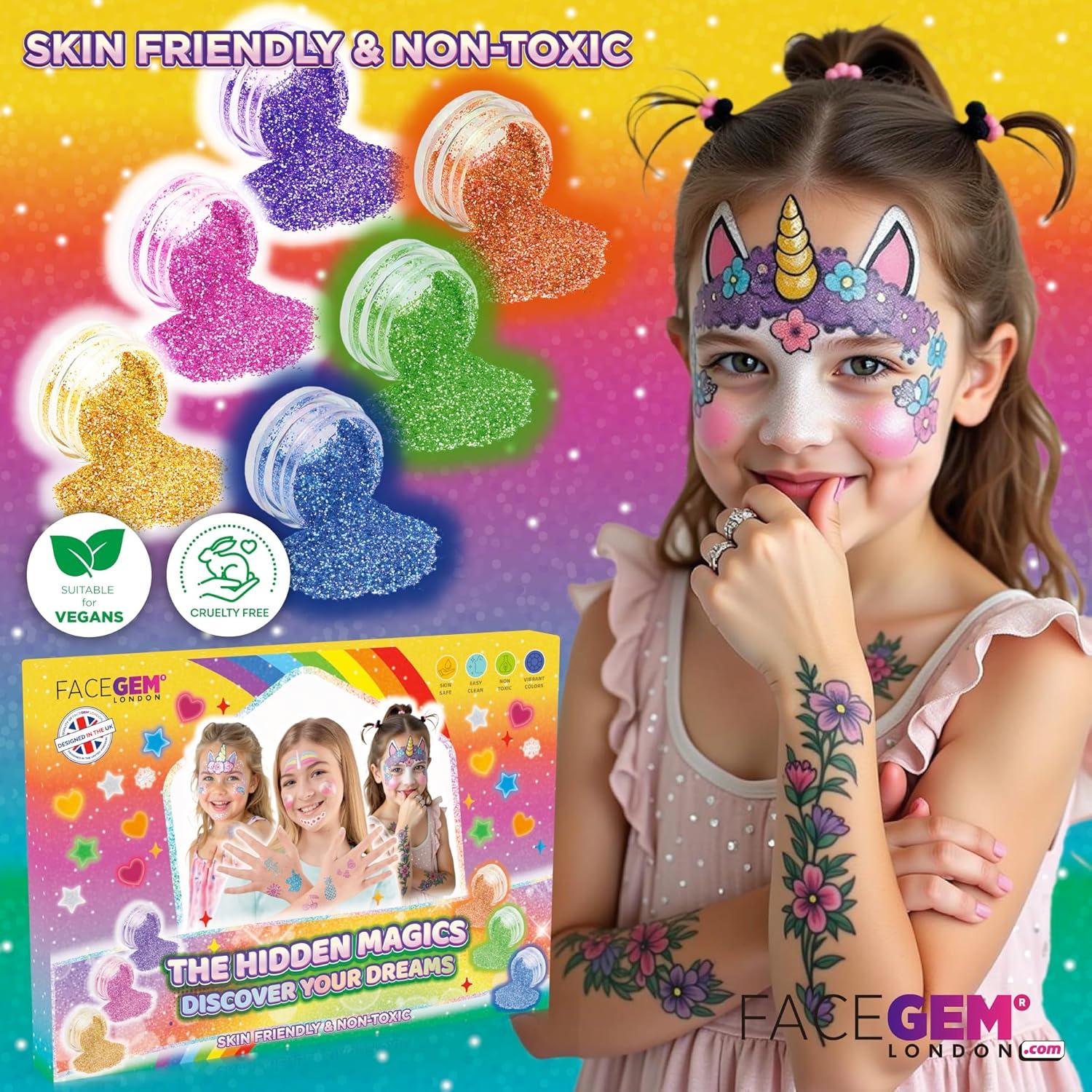 Kit de Tatuajes de Brillo 60 Colores FACEGEM - 200 Plantillas