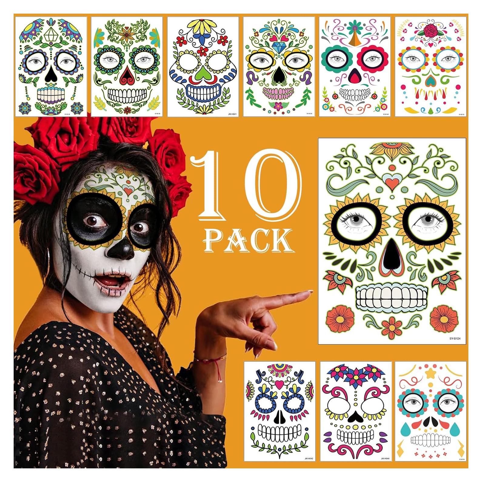 Day of the Dead Face Tattoos Makeup Kit, 10 Pack Halloween Sugar Skull Red Roses Temporary Tattoos for Adults Women Men Kids, DIY Skull Full Face Mask Stickers for Halloween Party Cosplay Supplies