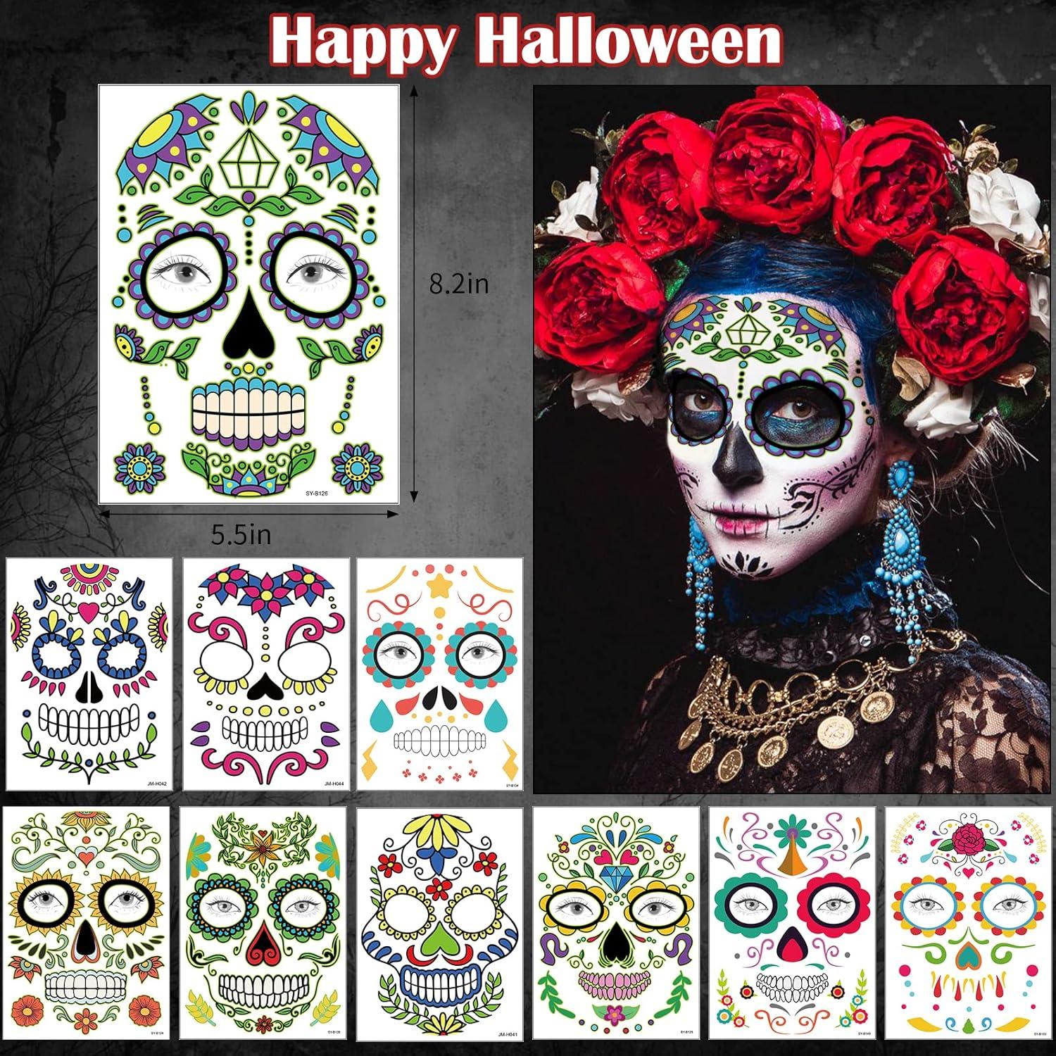 Day of the Dead Face Tattoos Makeup Kit, 10 Pack Halloween Sugar Skull Red Roses Temporary Tattoos for Adults Women Men Kids, DIY Skull Full Face Mask Stickers for Halloween Party Cosplay Supplies