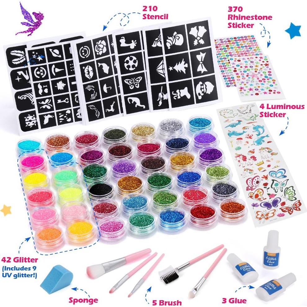 Kit de Tatuajes Temporales de Brillo Bledras - 42 Colores