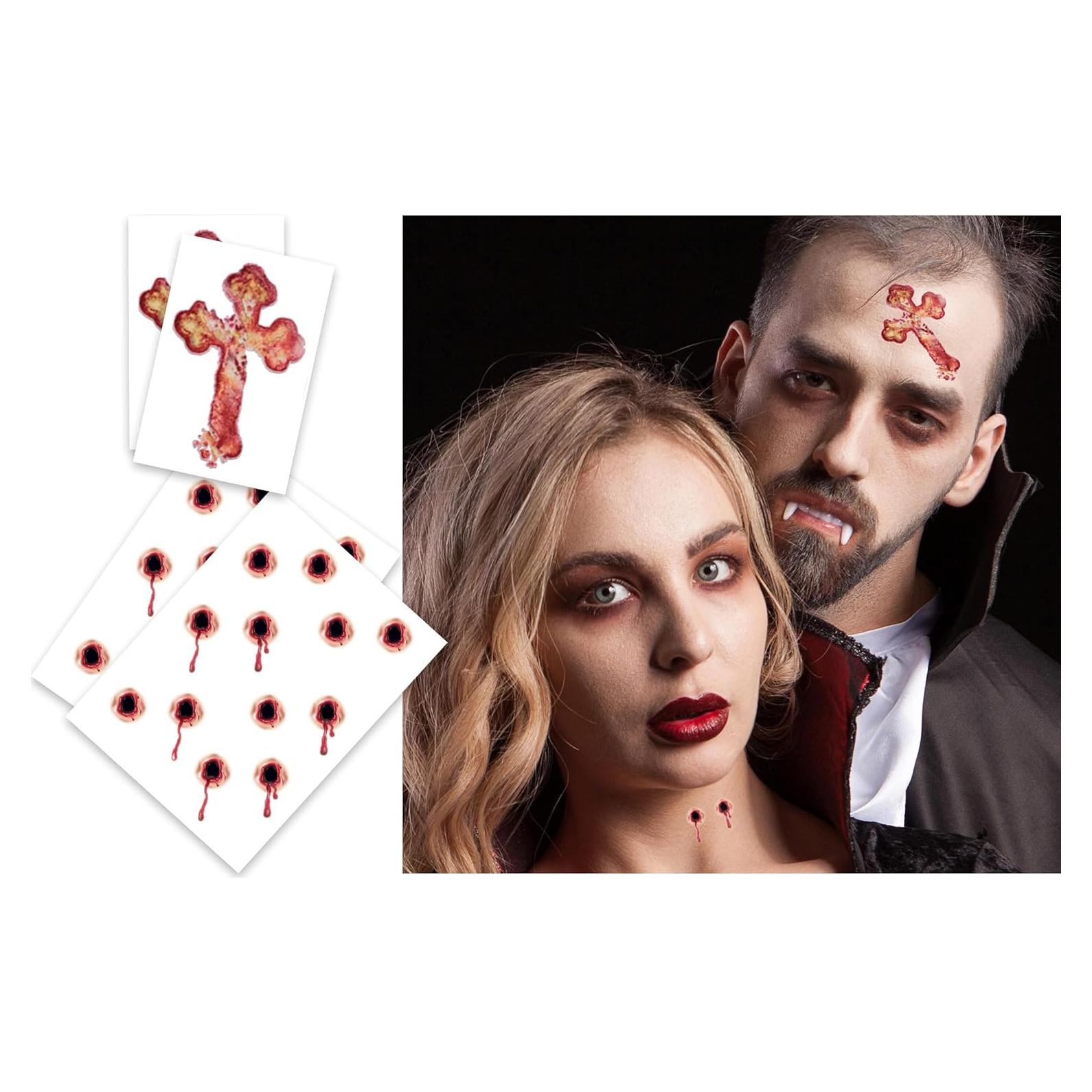 Kit de Tatuajes Temporales Vampiro Mordida y Cruz - 4 Piezas