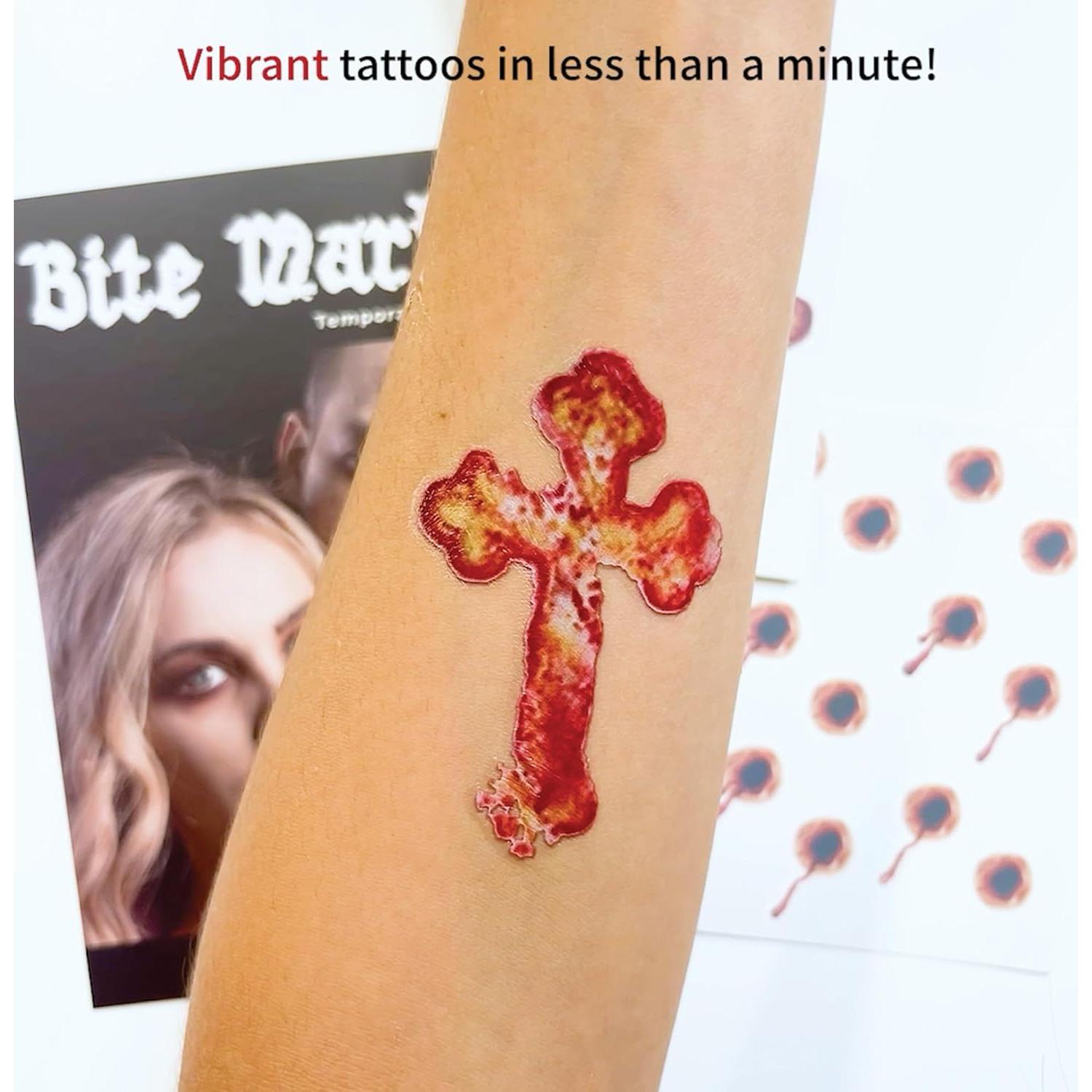 Kit de Tatuajes Temporales Vampiro Mordida y Cruz - 4 Piezas