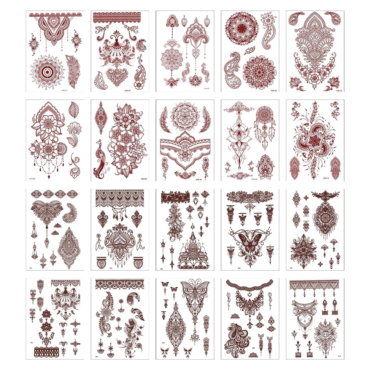 Kit de Tatuaje de Henna Marrón 20 Hojas Stickers Temporales