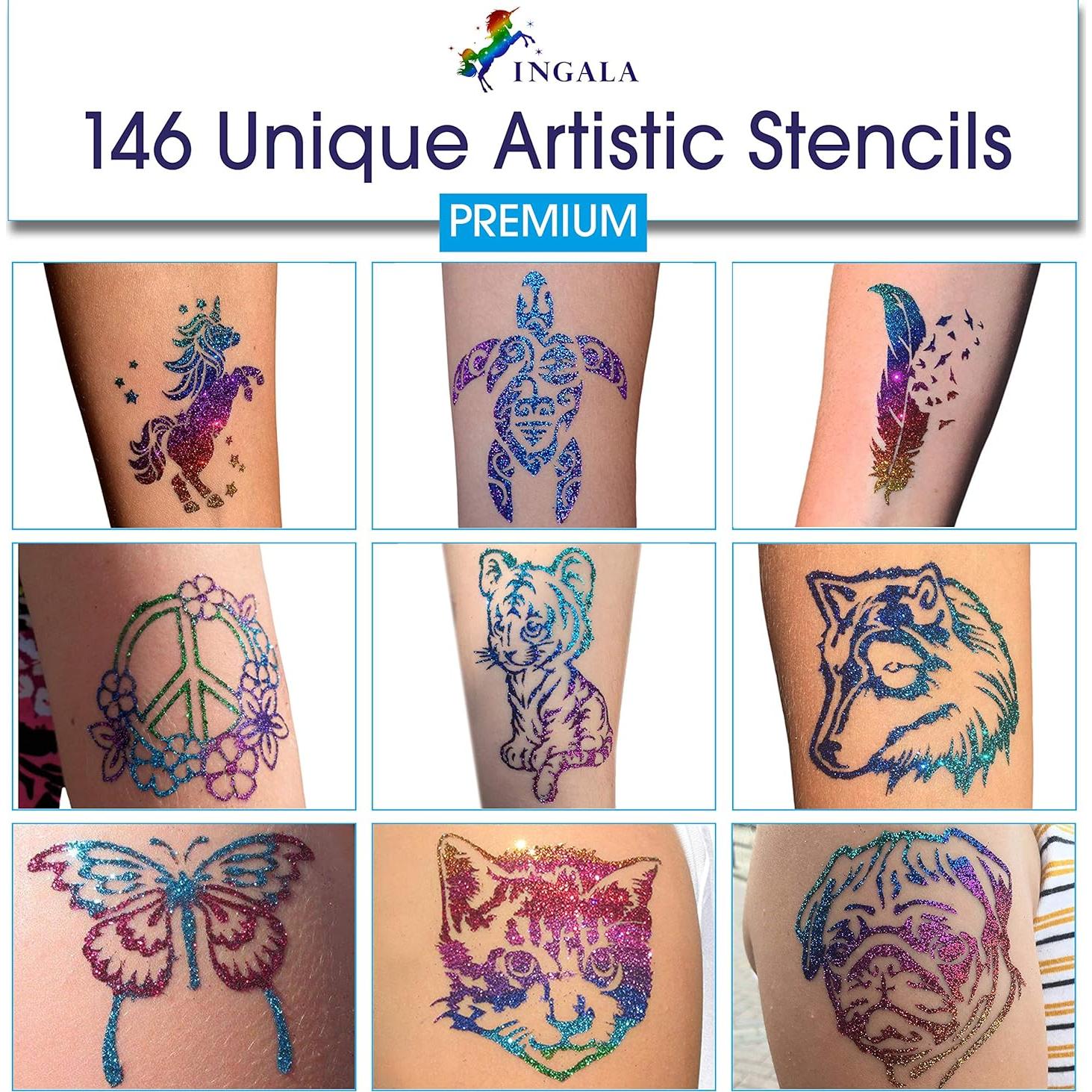 Conjunto de Tatuajes de Glitter Premium INGALA - 146 Diseños