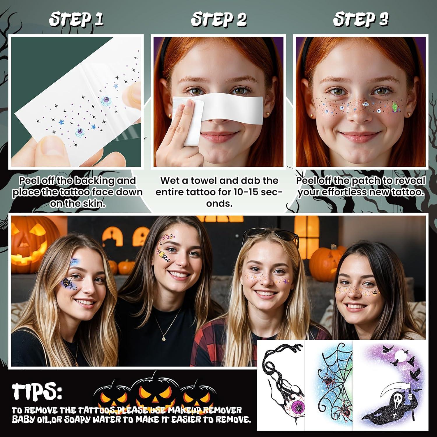 Tatuajes Faciales de Halloween EMOME - 8 Piezas Brillantes