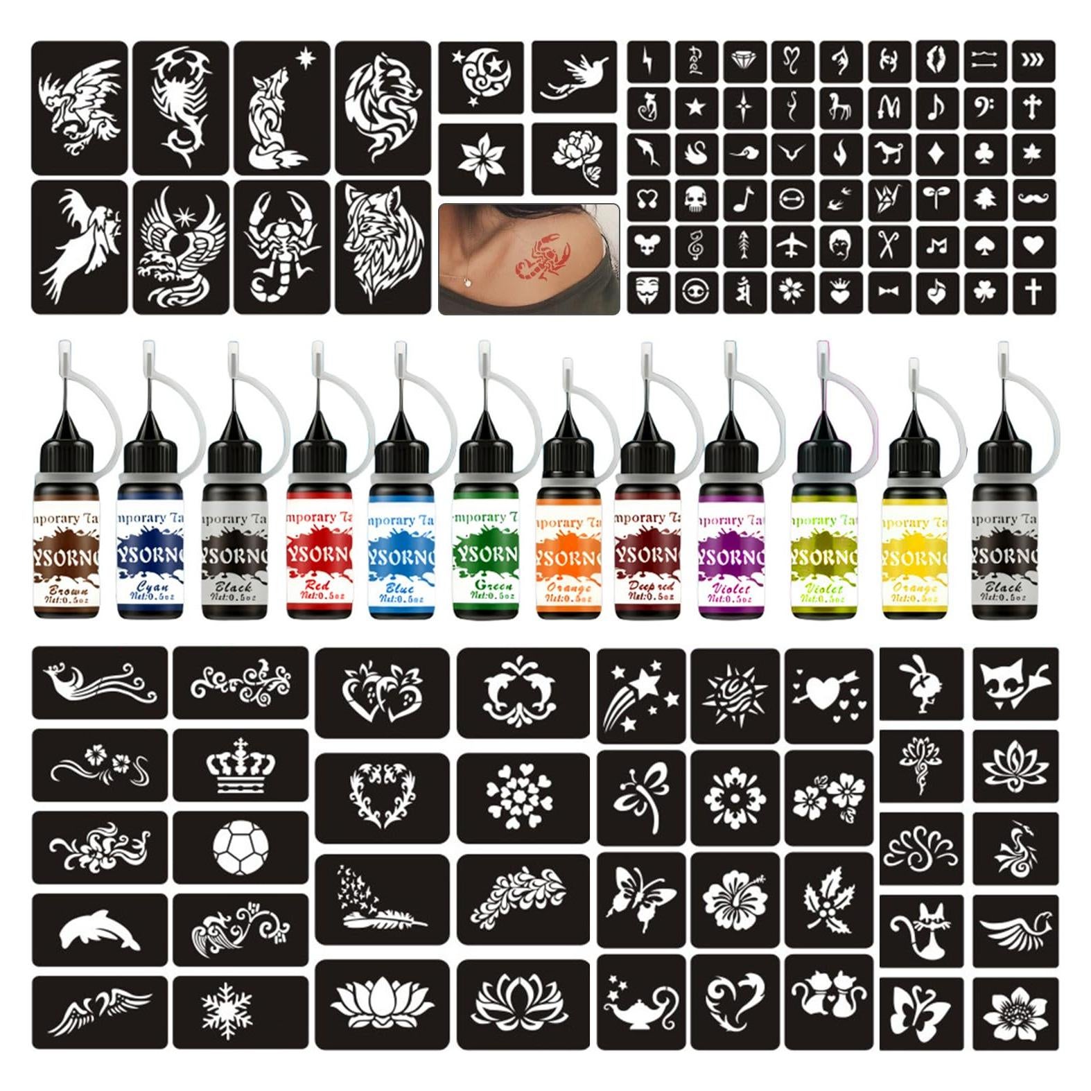 Kit de Tatuajes Temporales FTVLTAT - 12 Colores y 107 Plantillas