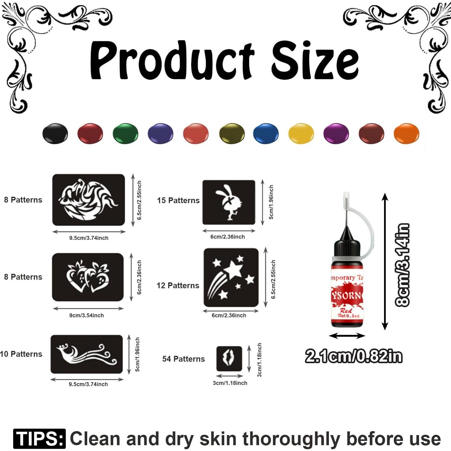 Kit de Tatuajes Temporales FTVLTAT - 12 Colores y 107 Plantillas