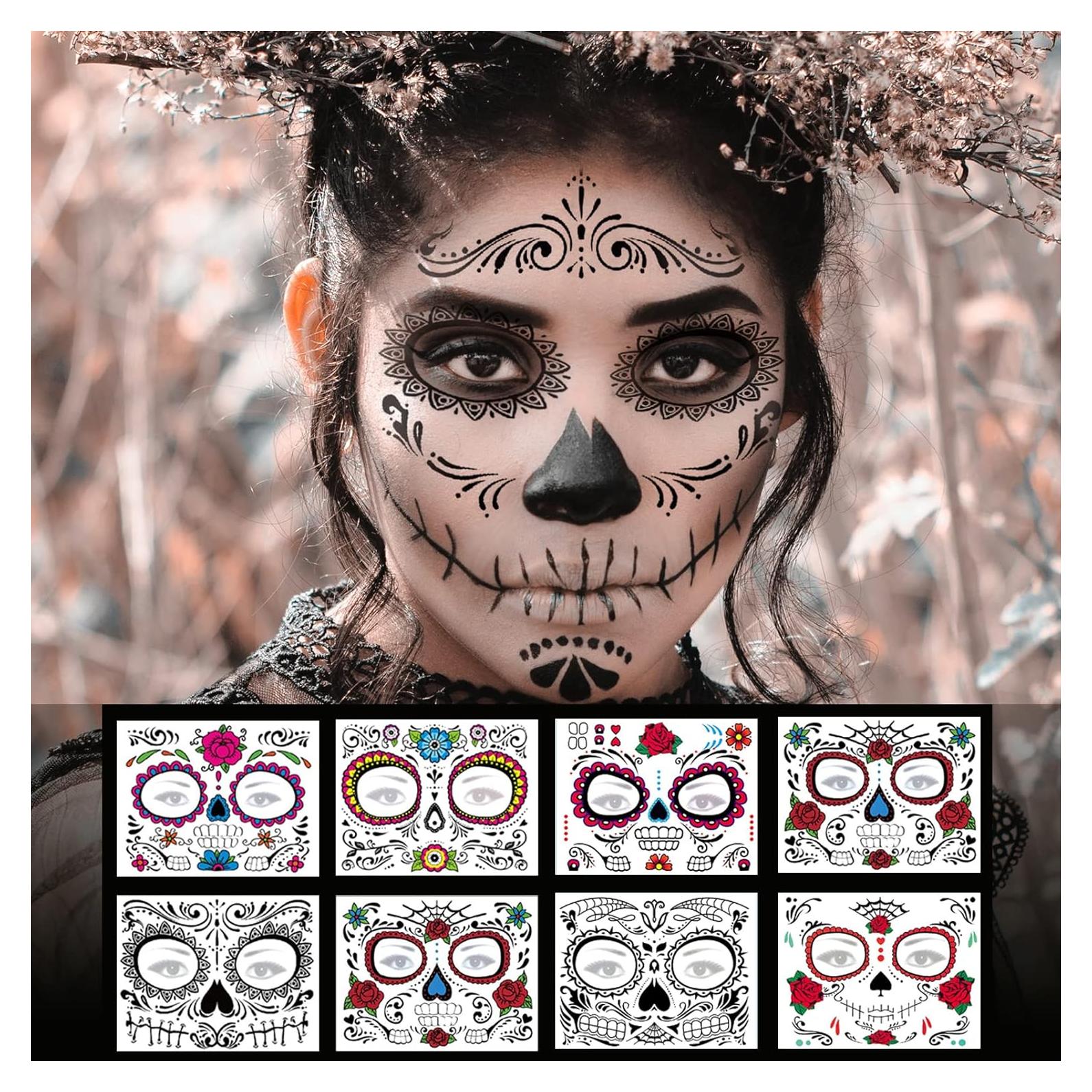 Kit de Tatuajes Temporales Halloween ZiYin - 8 Hojas Calavera